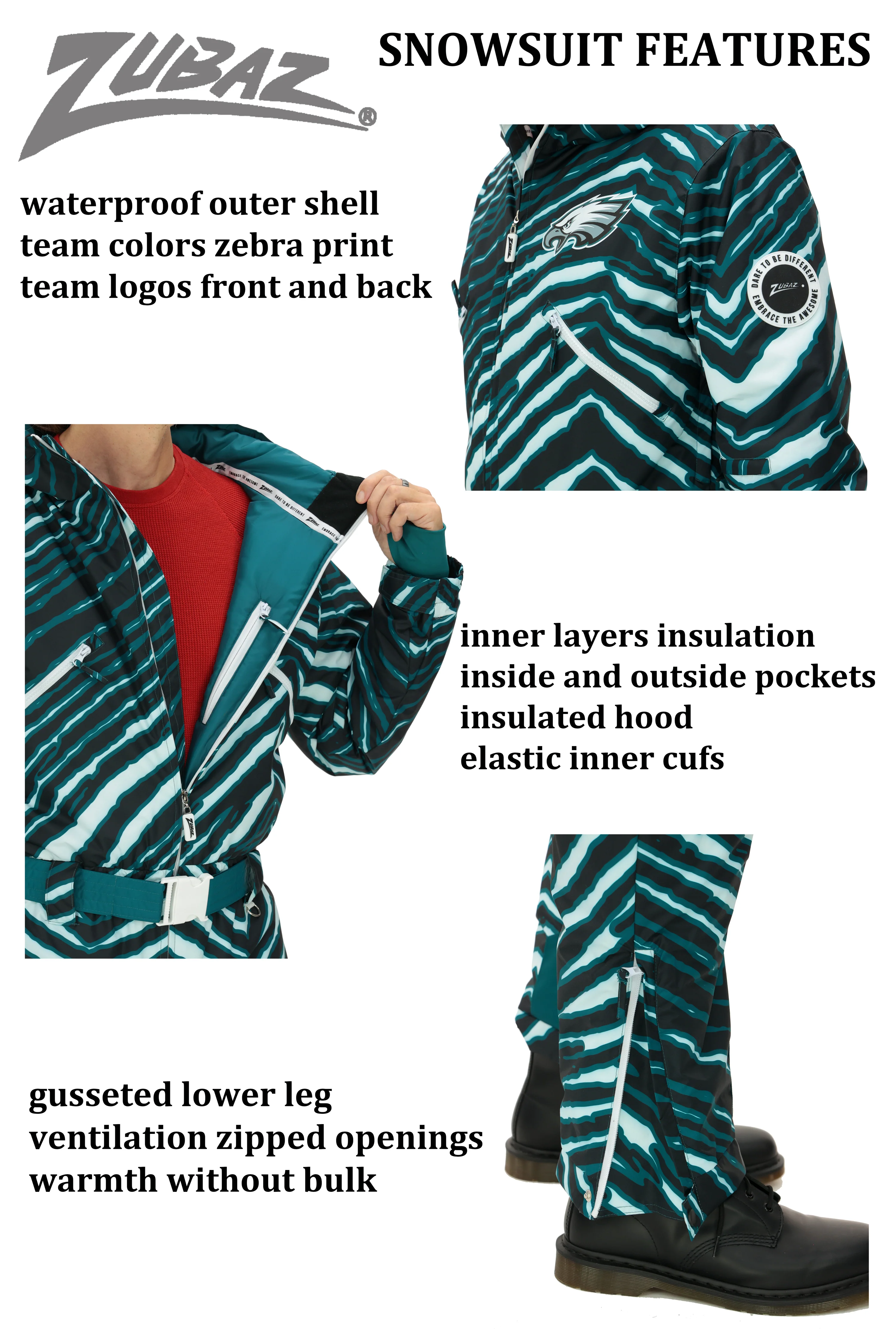 Zubaz NFL Adult Unisex Zebra Team Color Tundra Tux Snowsuit, Philadelphia Eagles - Image 6