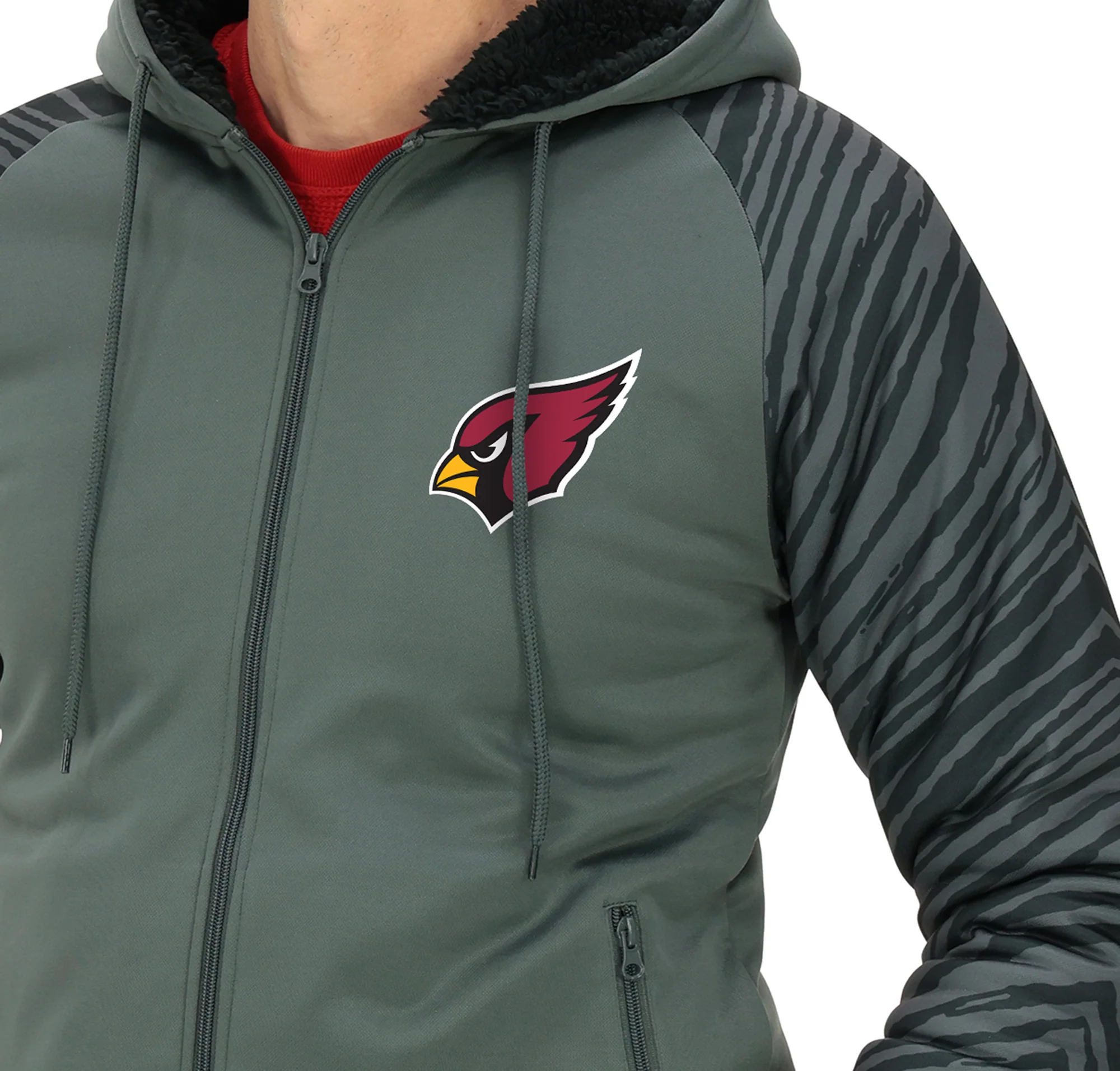 Zubaz NFL Men's Charcoal Tonal Zebra Sherpa Lined Raglan Full Zip Hoodie, ARIZONA CARDINALS - Image 3