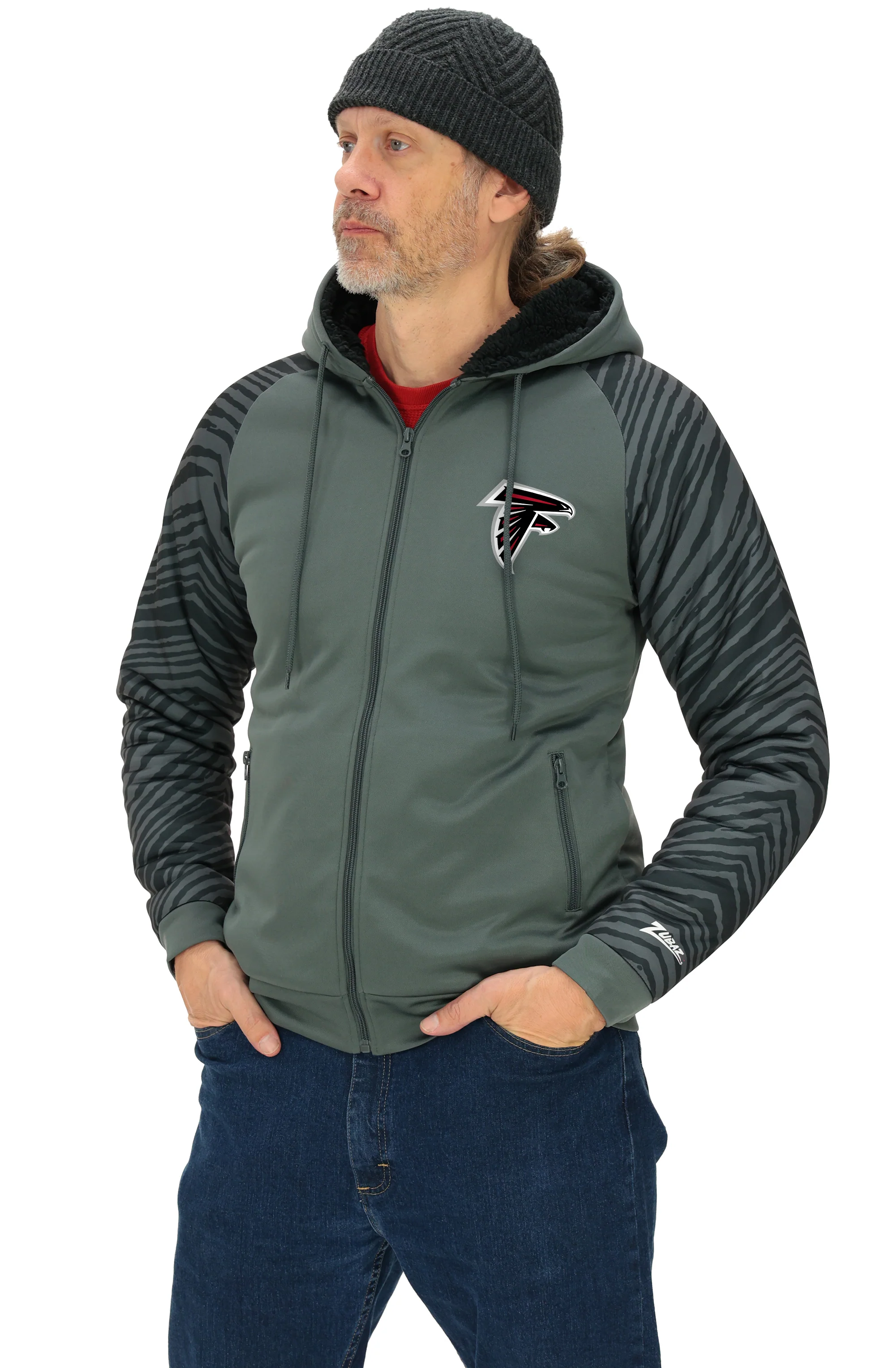 Zubaz NFL Men's Charcoal Tonal Zebra Sherpa Lined Raglan Full Zip Hoodie, ATLANTA FALCONS - Image 2