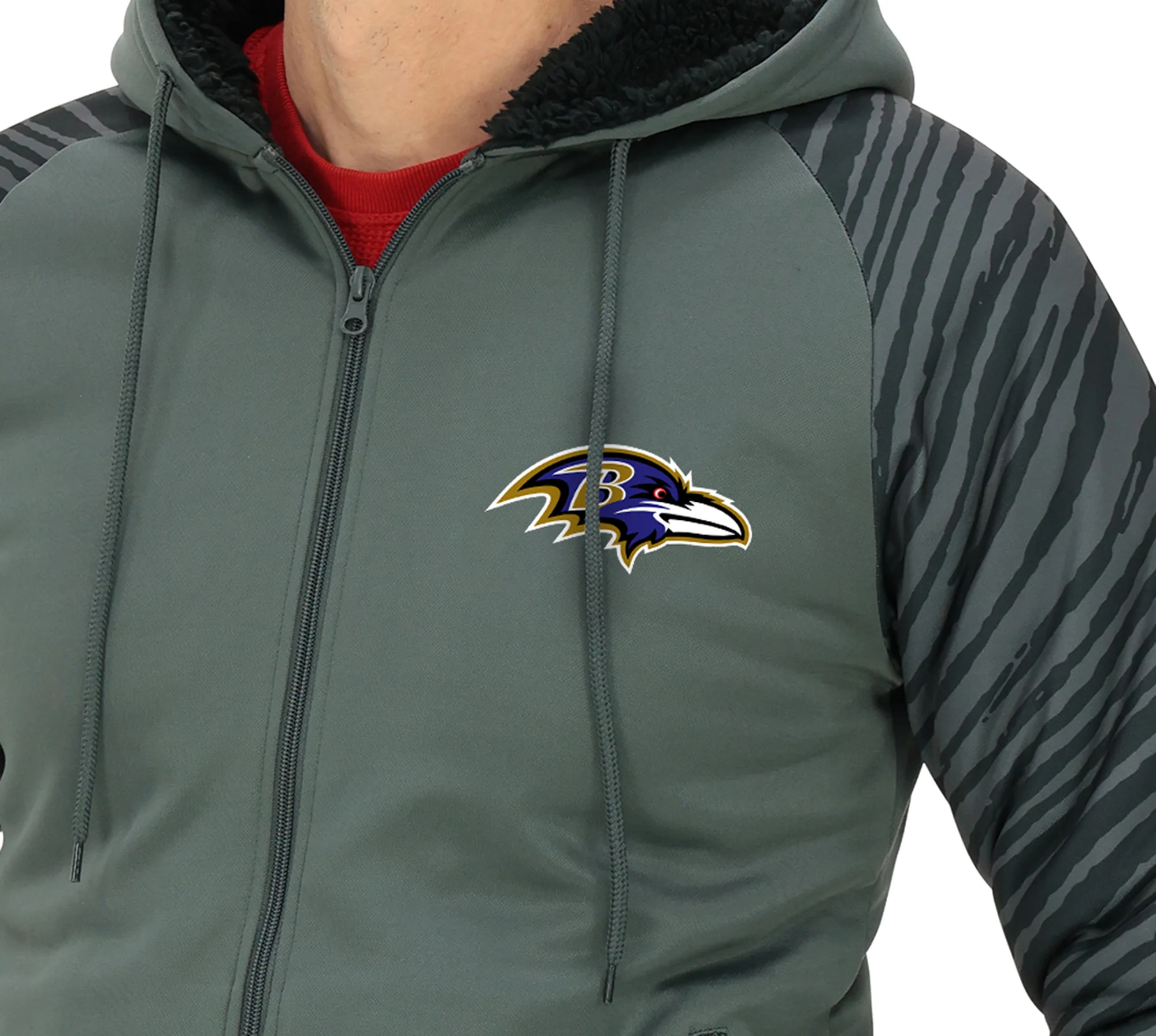 Zubaz NFL Men's Charcoal Tonal Zebra Sherpa Lined Raglan Full Zip Hoodie, BALTIMORE RAVENS - Image 14