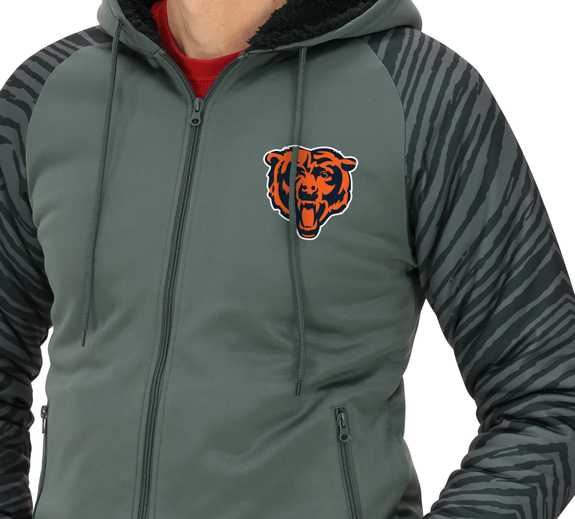 Zubaz NFL   Men's Charcoal Tonal Zebra Sherpa Lined Raglan Full Zip Hoodie, CHICAGO BEARS - Image 26