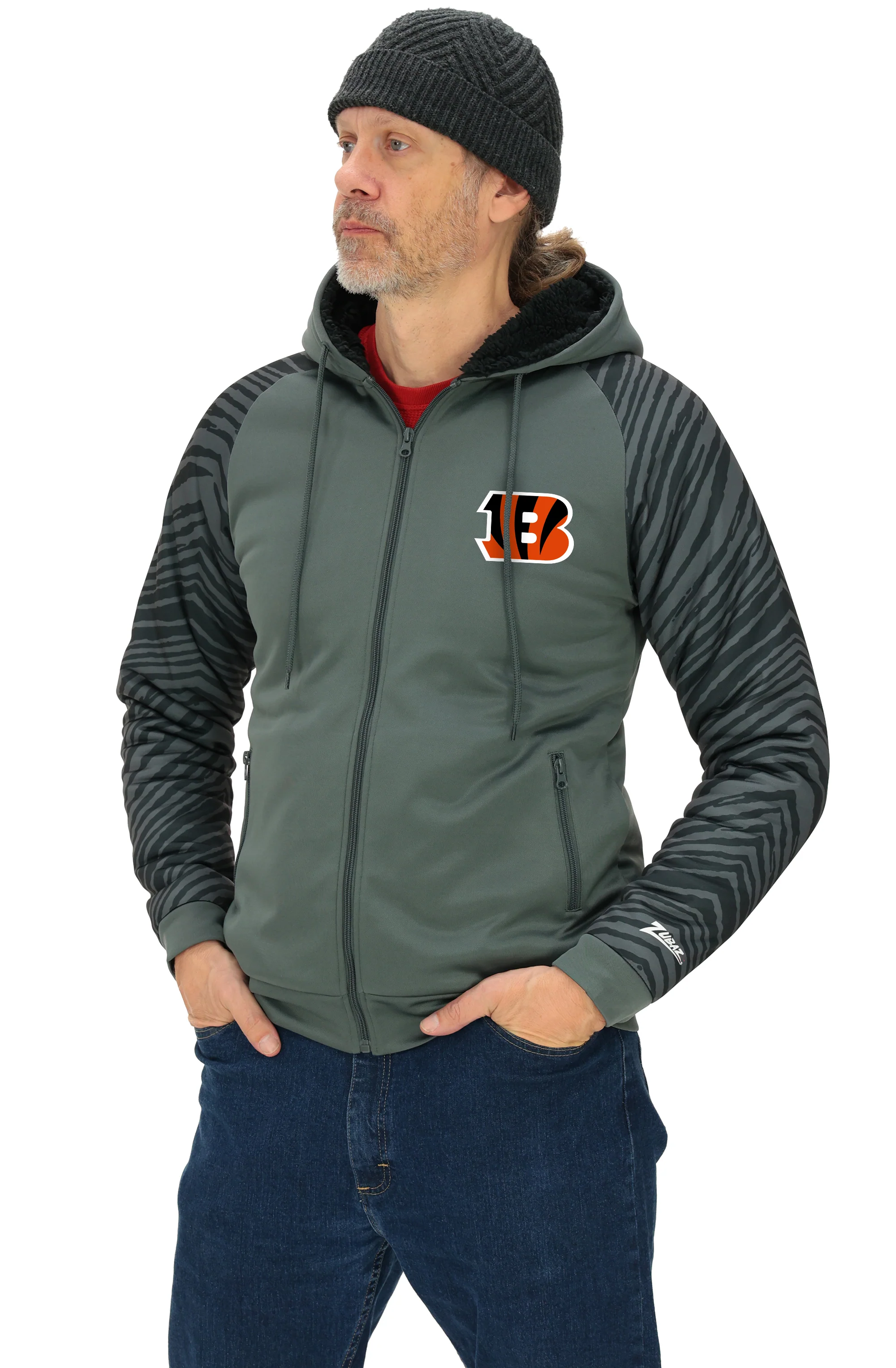Zubaz NFL Men's Charcoal Tonal Zebra Sherpa Lined Raglan Full Zip Hoodie, CINCINNATI BENGALS - Image 37