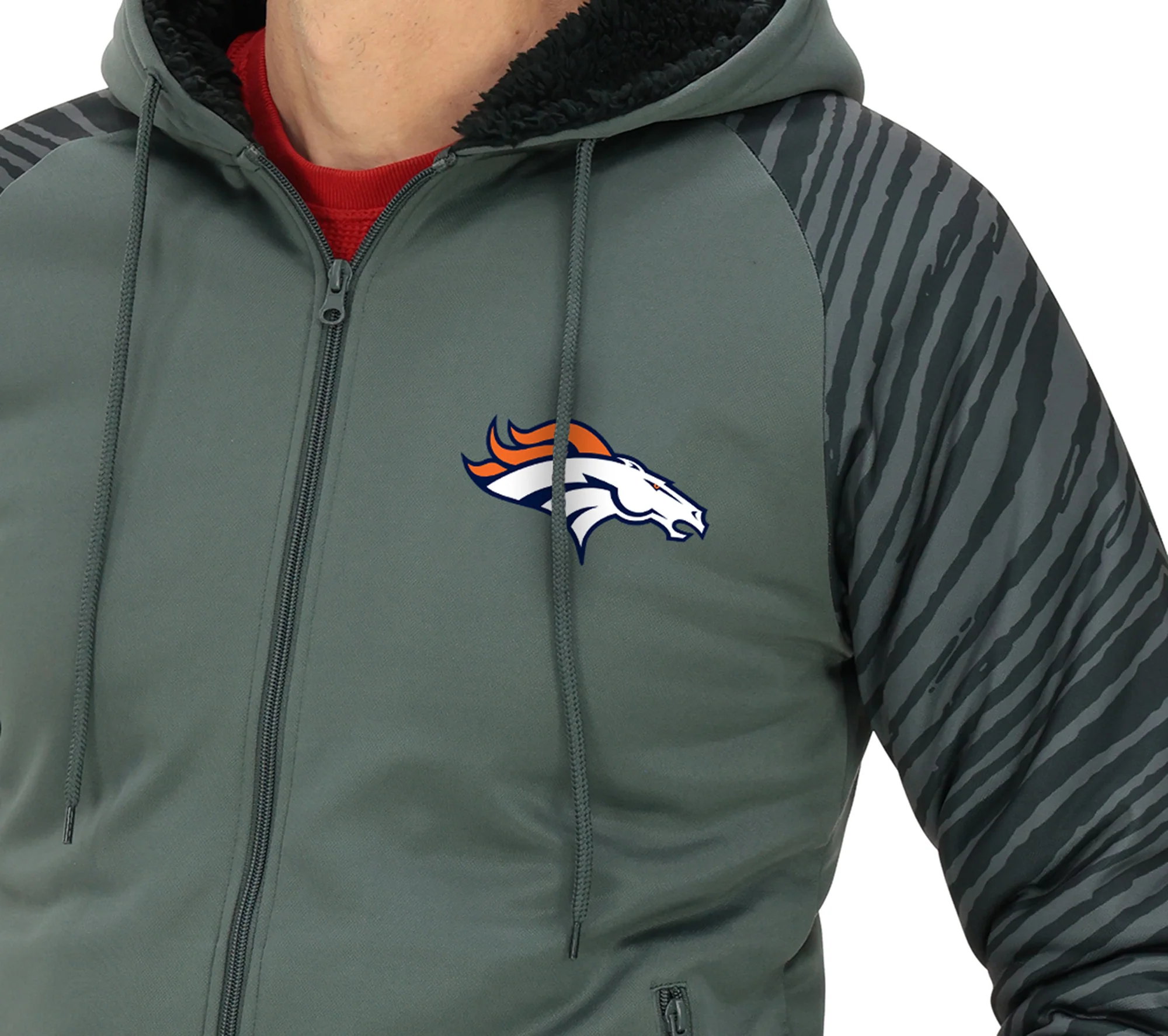 Zubaz NFL Men's Charcoal Tonal Zebra Sherpa Lined Raglan Full Zip Hoodie, DENVER BRONCOS - Image 14