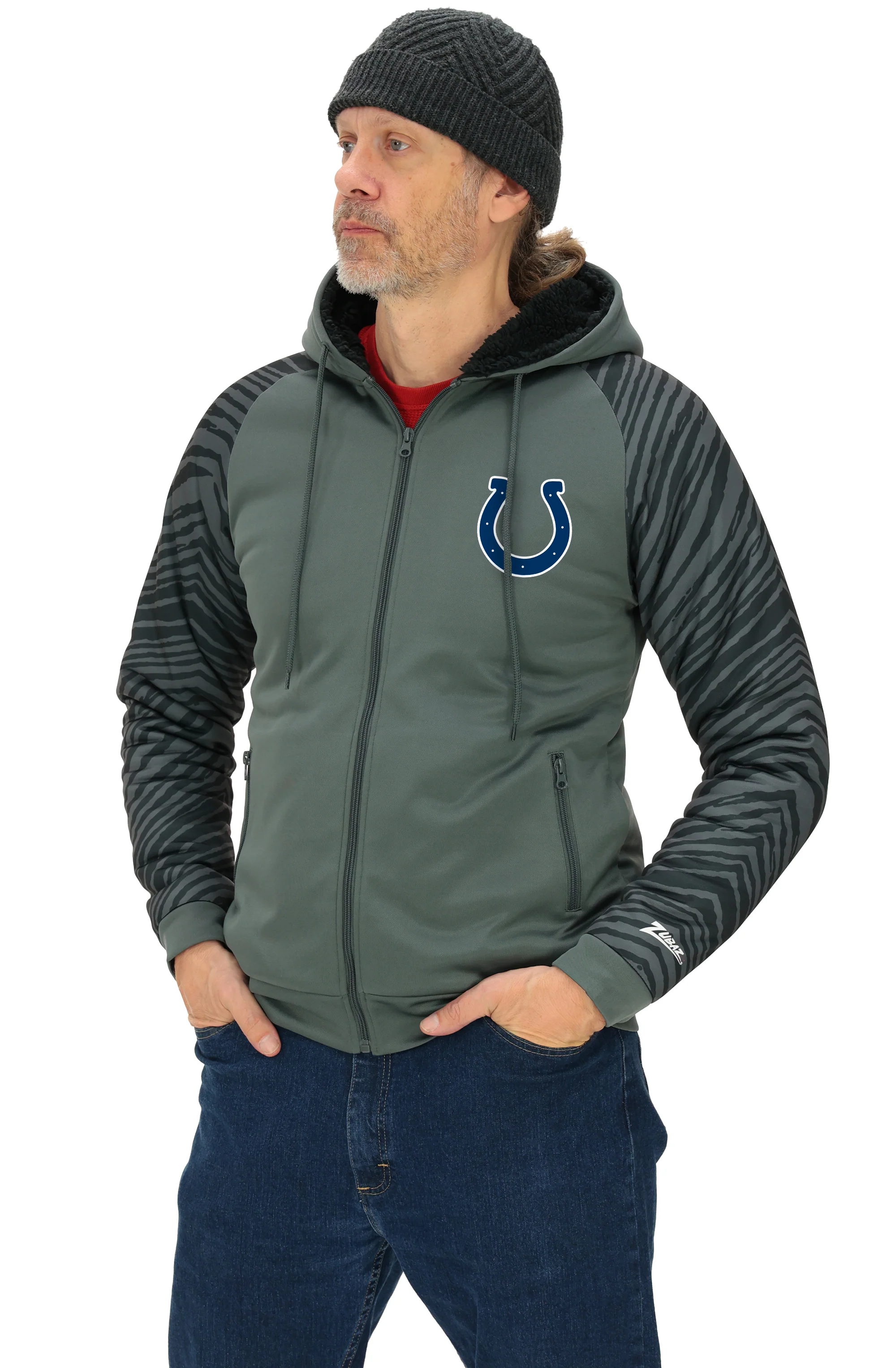 Zubaz NFL   Men's Charcoal Tonal Zebra Sherpa Lined Raglan Full Zip Hoodie, INDIANAPOLIS COLTS - Image 43