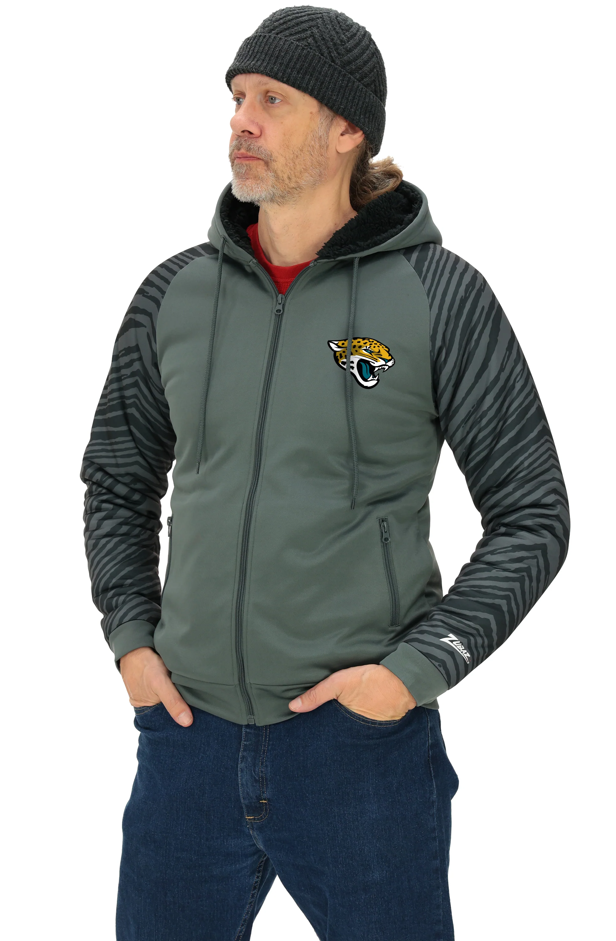 Zubaz NFL Men's Charcoal Tonal Zebra Sherpa Lined Raglan Full Zip Hoodie, JACKSONVILLE JAGUARS - Image 13