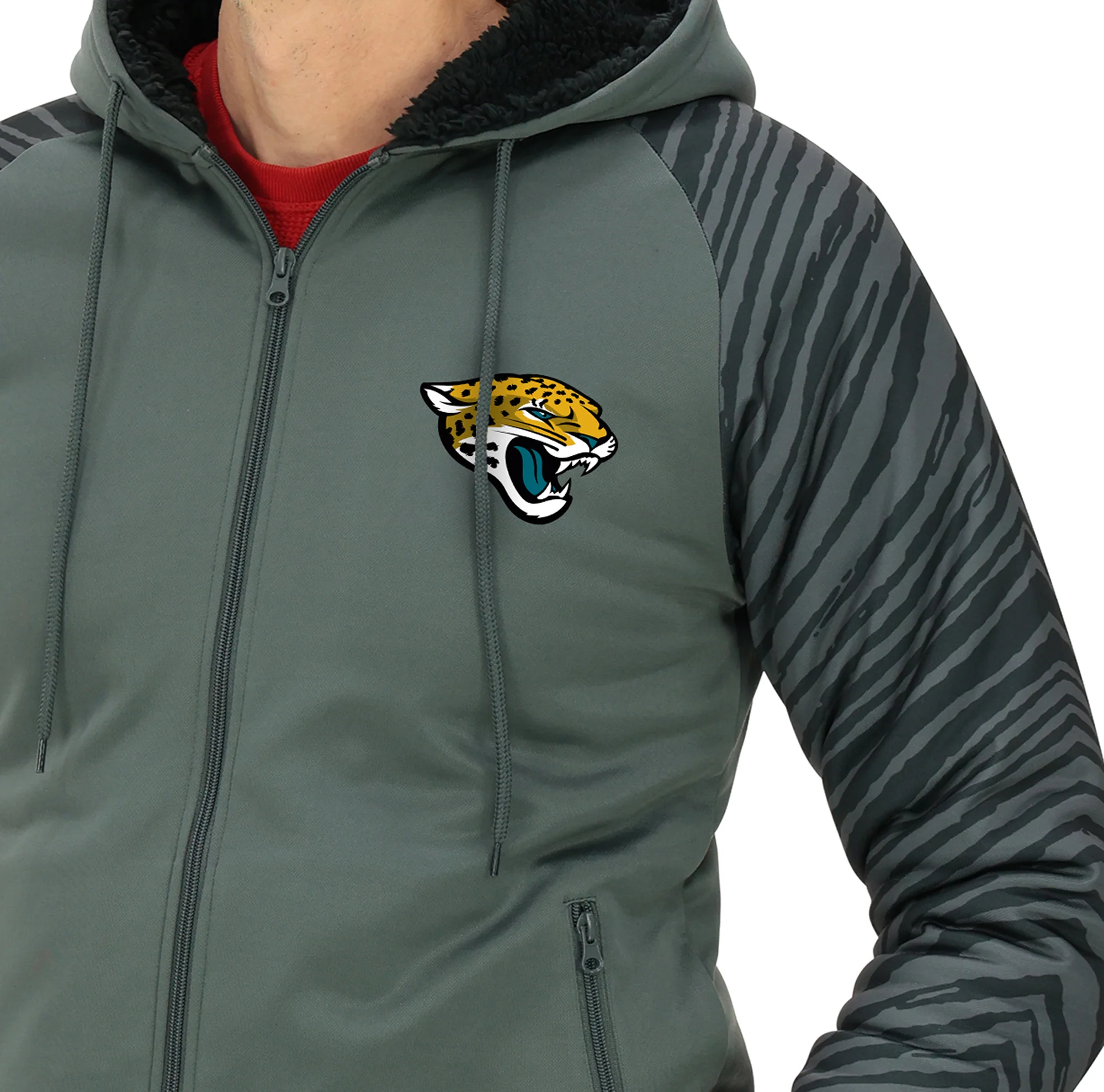 Zubaz NFL Men's Charcoal Tonal Zebra Sherpa Lined Raglan Full Zip Hoodie, JACKSONVILLE JAGUARS - Image 50