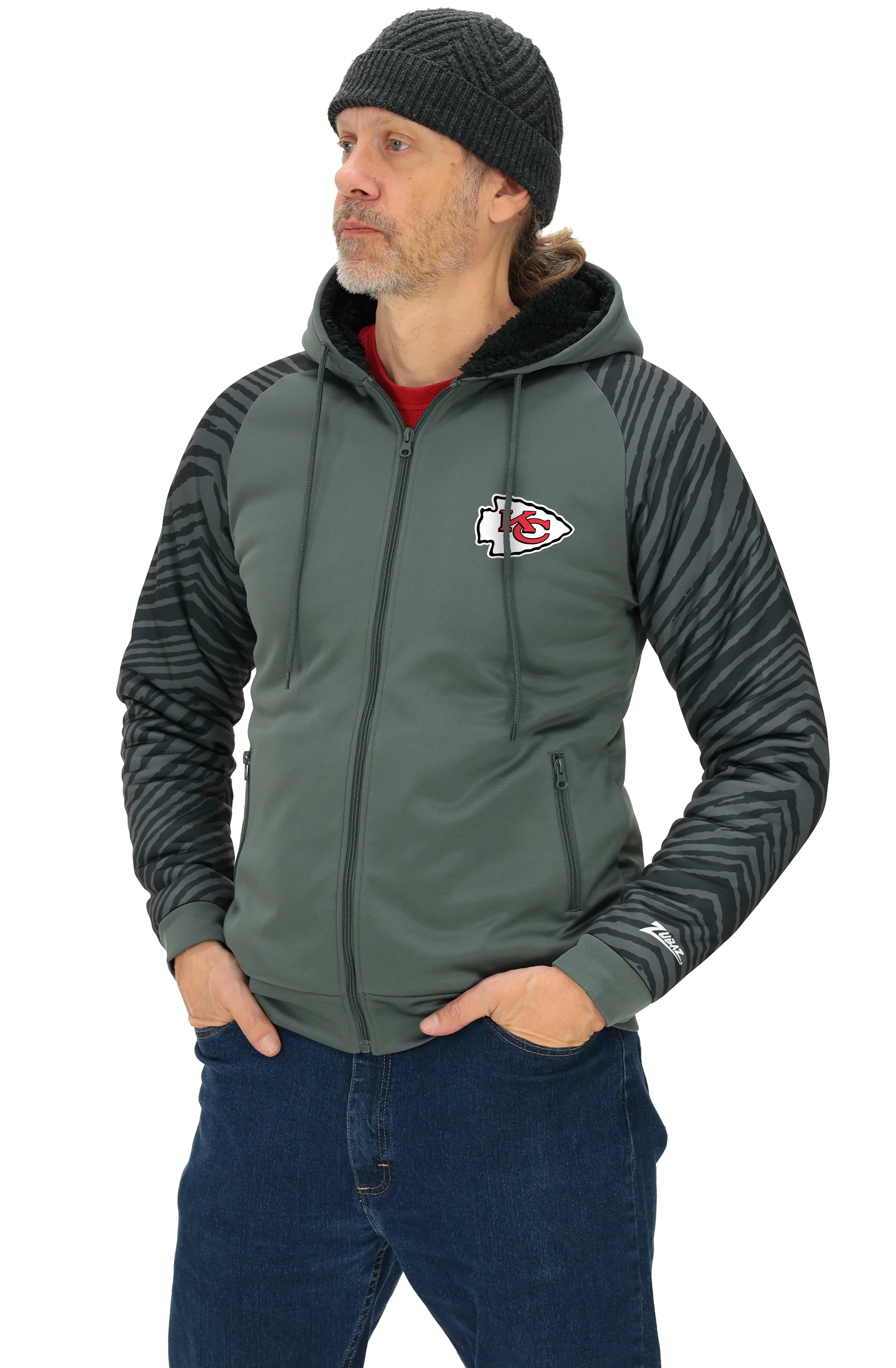 Zubaz NFL   Men's Charcoal Tonal Zebra Sherpa Lined Raglan Full Zip Hoodie, KANSAS CITY CHIEFS - Image 37