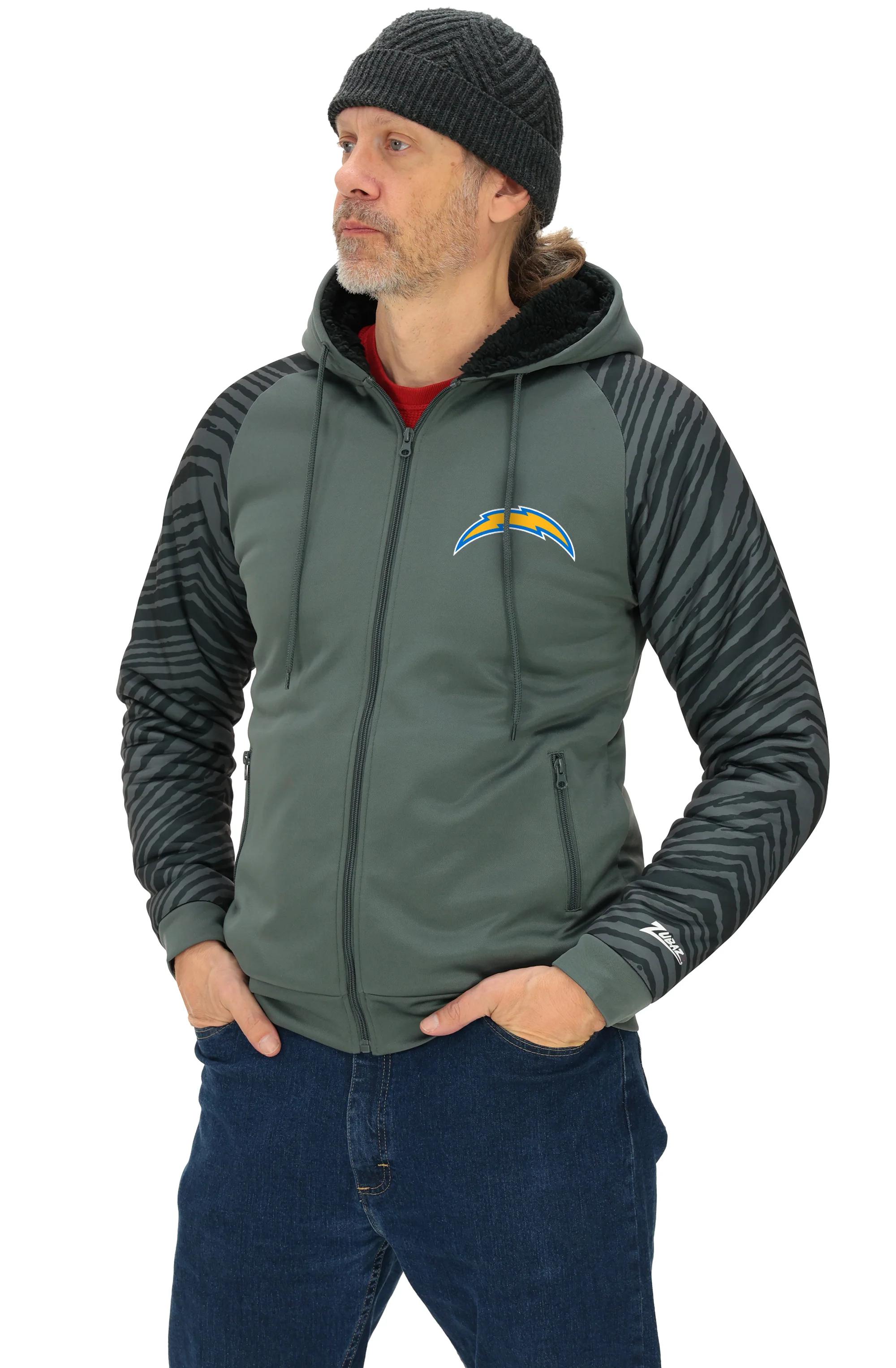 Zubaz NFL Men's Charcoal Tonal Zebra Sherpa Lined Raglan Full Zip Hoodie, LOS ANGELES CHARGERS - Image 25