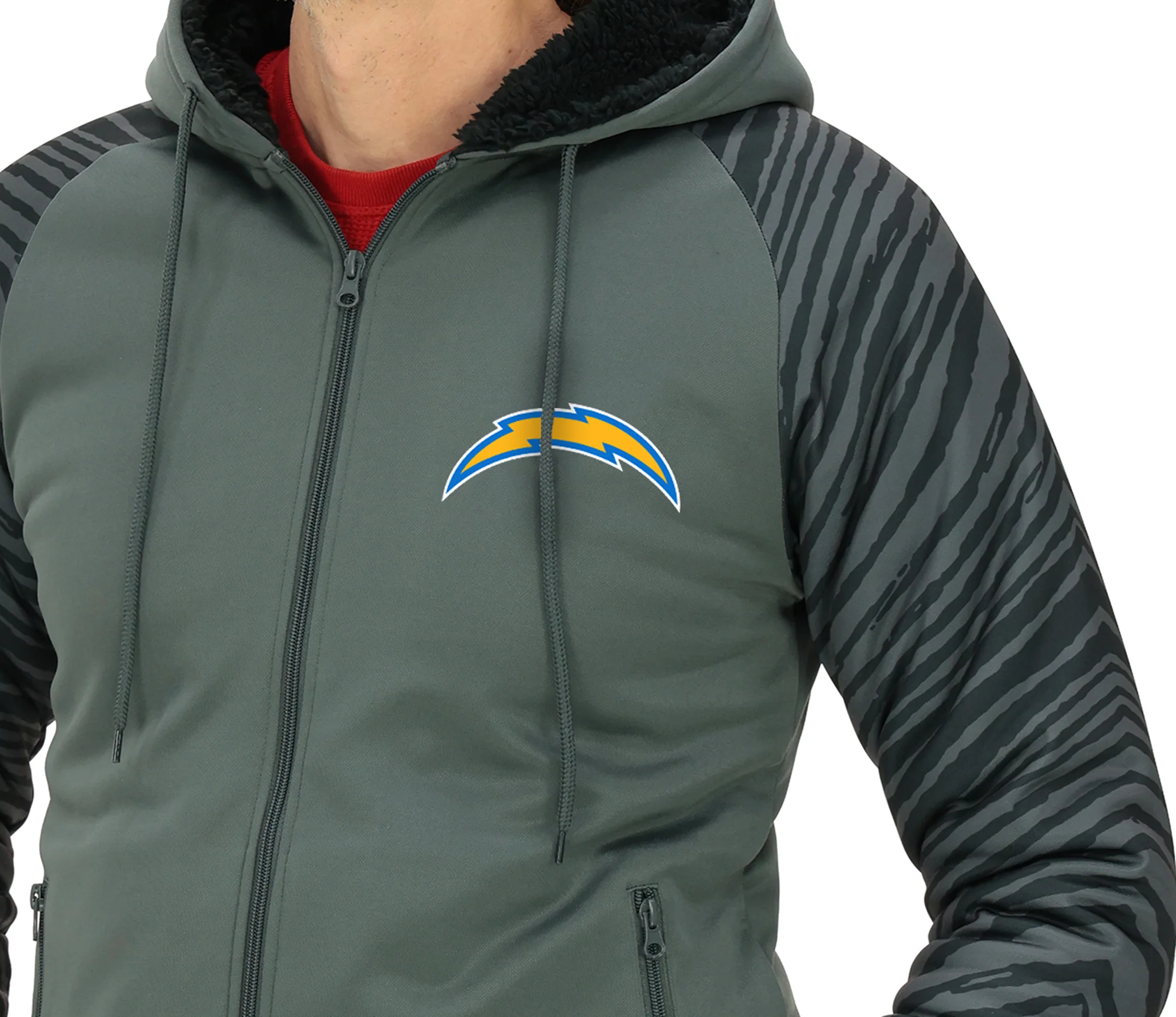 Zubaz NFL Men's Charcoal Tonal Zebra Sherpa Lined Raglan Full Zip Hoodie, LOS ANGELES CHARGERS - Image 32