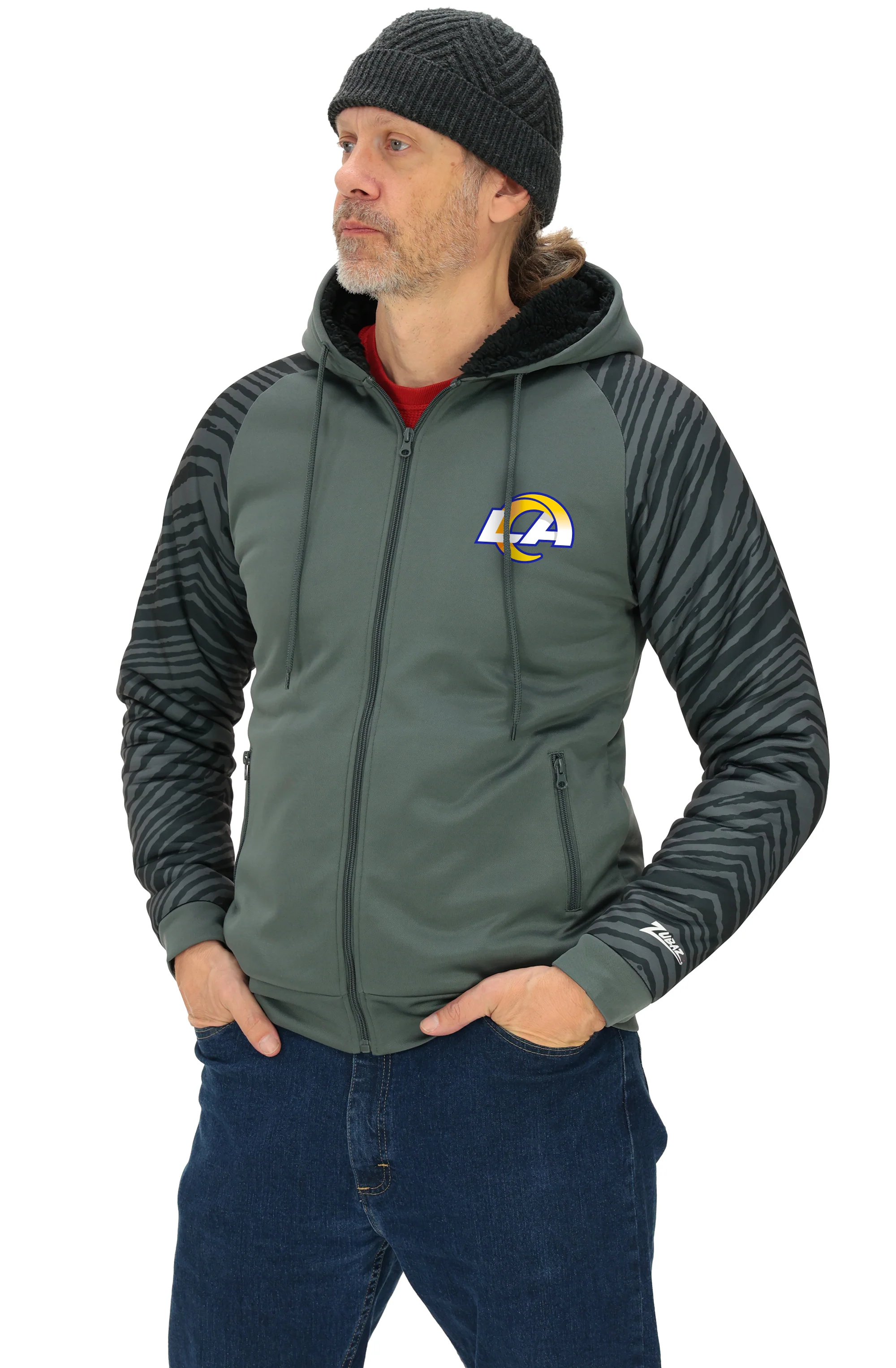Zubaz NFL Men's Charcoal Tonal Zebra Sherpa Lined Raglan Full Zip Hoodie, LOS ANGELES RAMS - Image 31