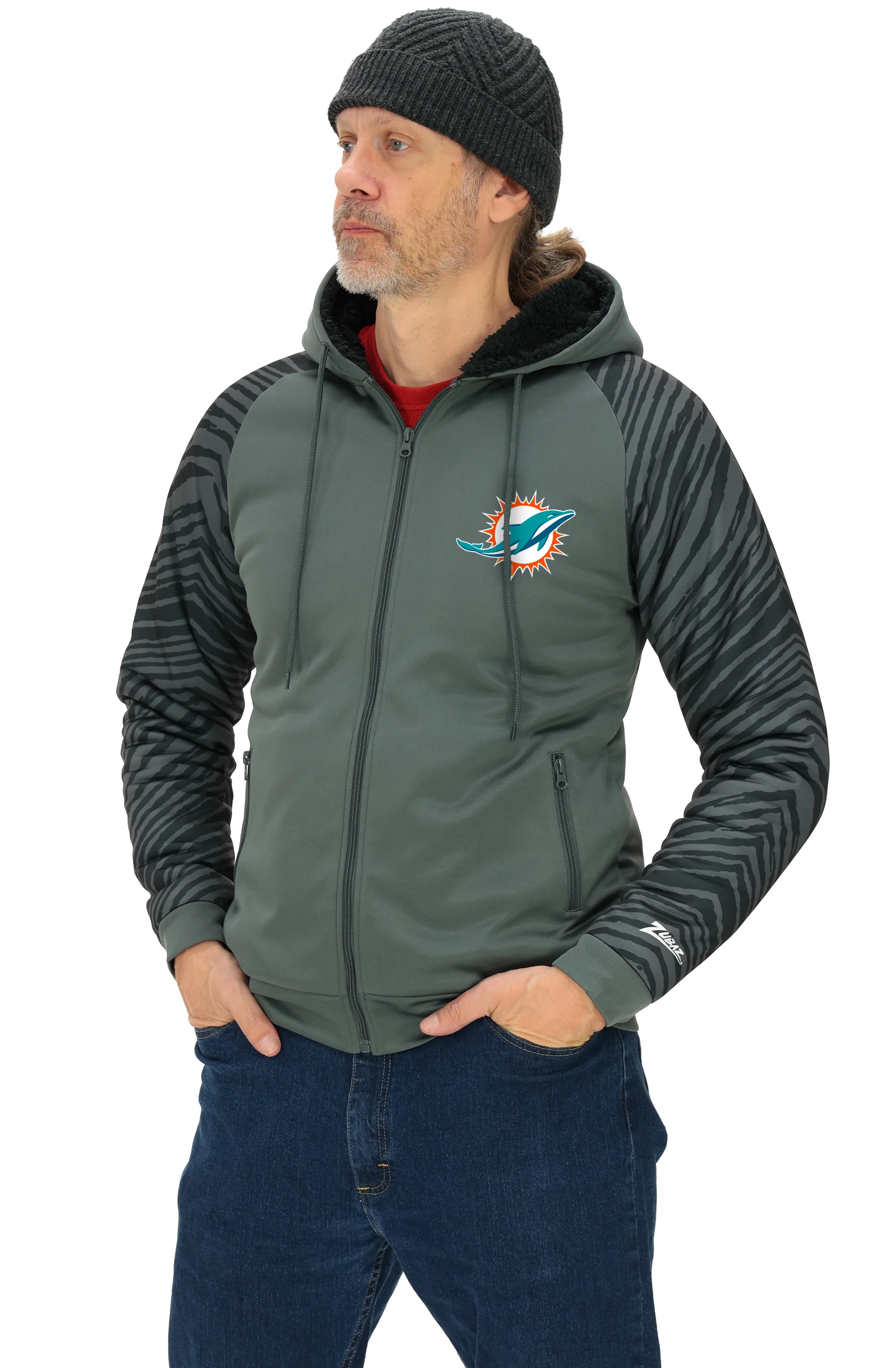 Zubaz NFL   Men's Charcoal Tonal Zebra Sherpa Lined Raglan Full Zip Hoodie, MIAMI DOLPHINS - Image 25