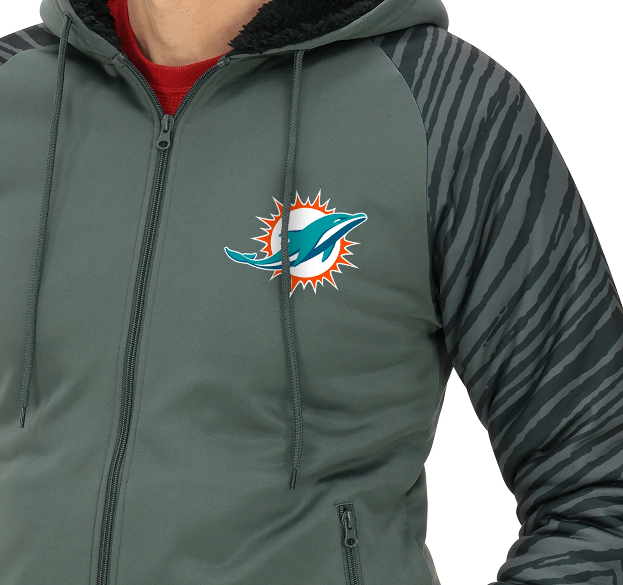 Zubaz NFL   Men's Charcoal Tonal Zebra Sherpa Lined Raglan Full Zip Hoodie, MIAMI DOLPHINS - Image 32
