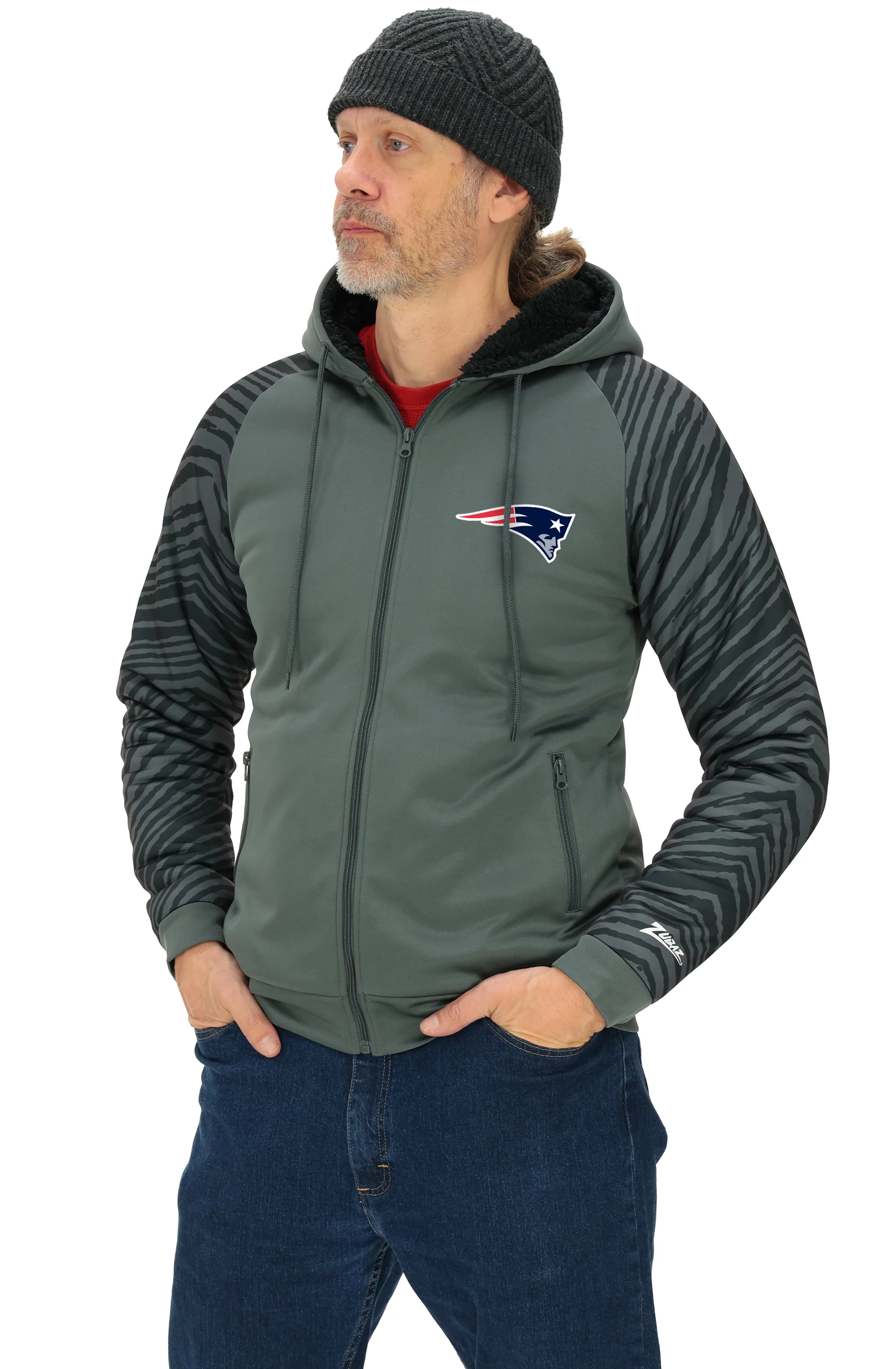 Zubaz NFL Men's Charcoal Tonal Zebra Sherpa Lined Raglan Full Zip Hoodie, NEW ENGLAND PATRIOTS - Image 25