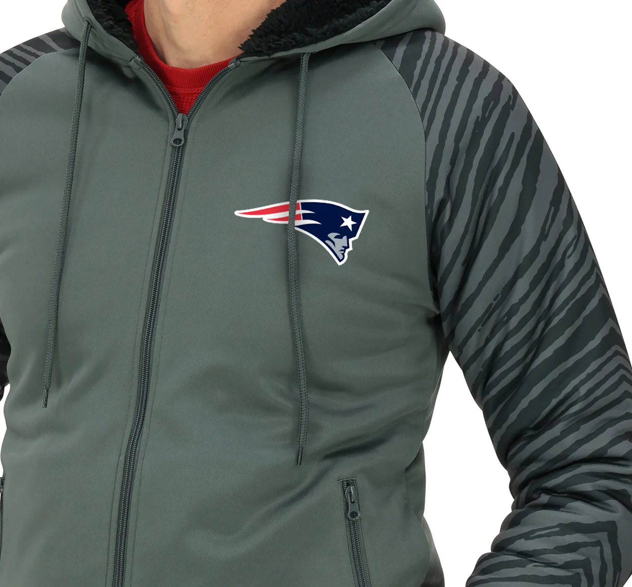 Zubaz NFL Men's Charcoal Tonal Zebra Sherpa Lined Raglan Full Zip Hoodie, NEW ENGLAND PATRIOTS - Image 32