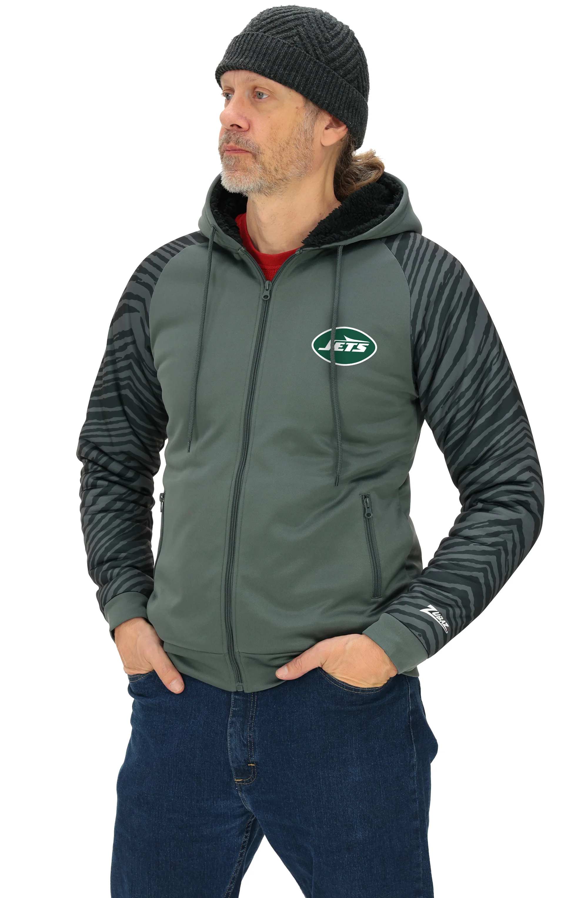 Zubaz NFL Men's Charcoal Tonal Zebra Sherpa Lined Raglan Full Zip Hoodie, NEW YORK JETS - Image 55