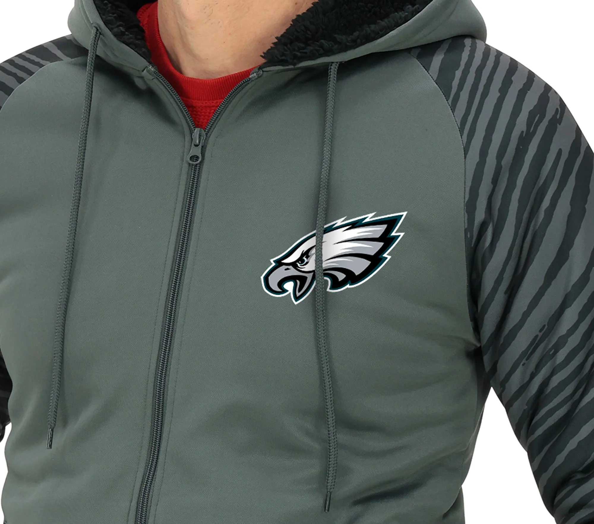 Zubaz NFL Men's Charcoal Tonal Zebra Sherpa Lined Raglan Full Zip Hoodie, PHILADELPHIA EAGLES - Image 38