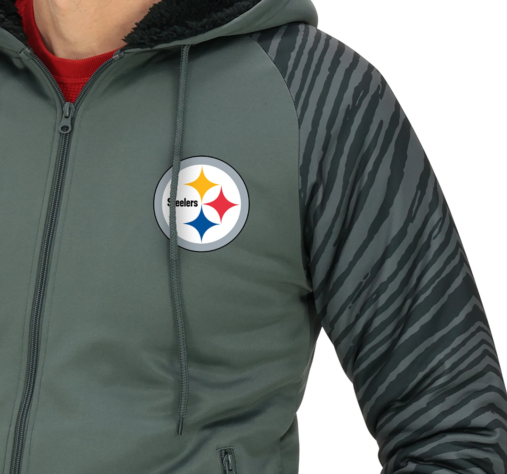 Zubaz NFL Men's Charcoal Tonal Zebra Sherpa Lined Raglan Full Zip Hoodie, PITTSBURGH STEELERS - Image 20