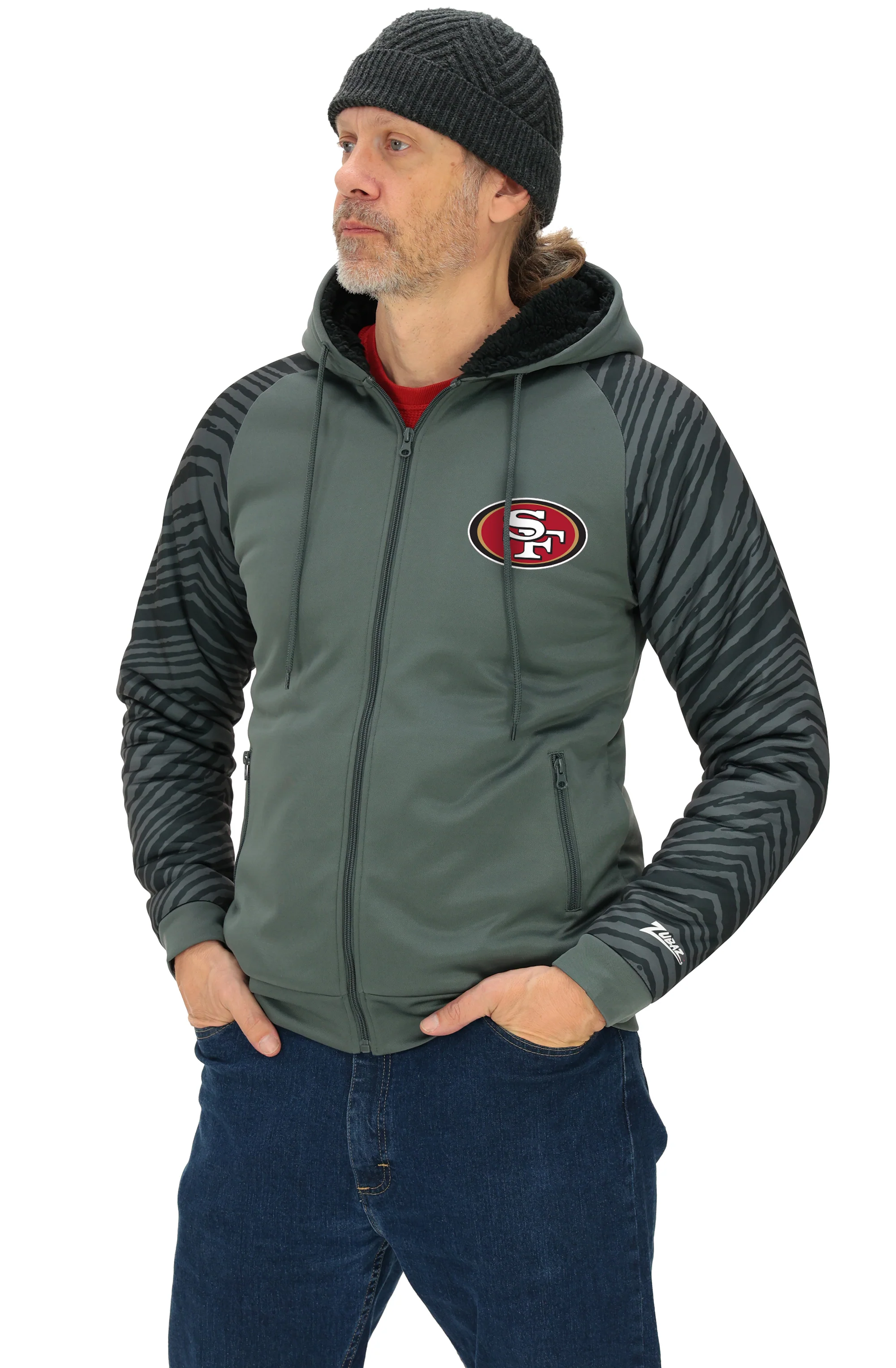 Zubaz NFL Men's Charcoal Tonal Zebra Sherpa Lined Raglan Full Zip Hoodie, SAN FRANCISCO 49ERS - Image 19