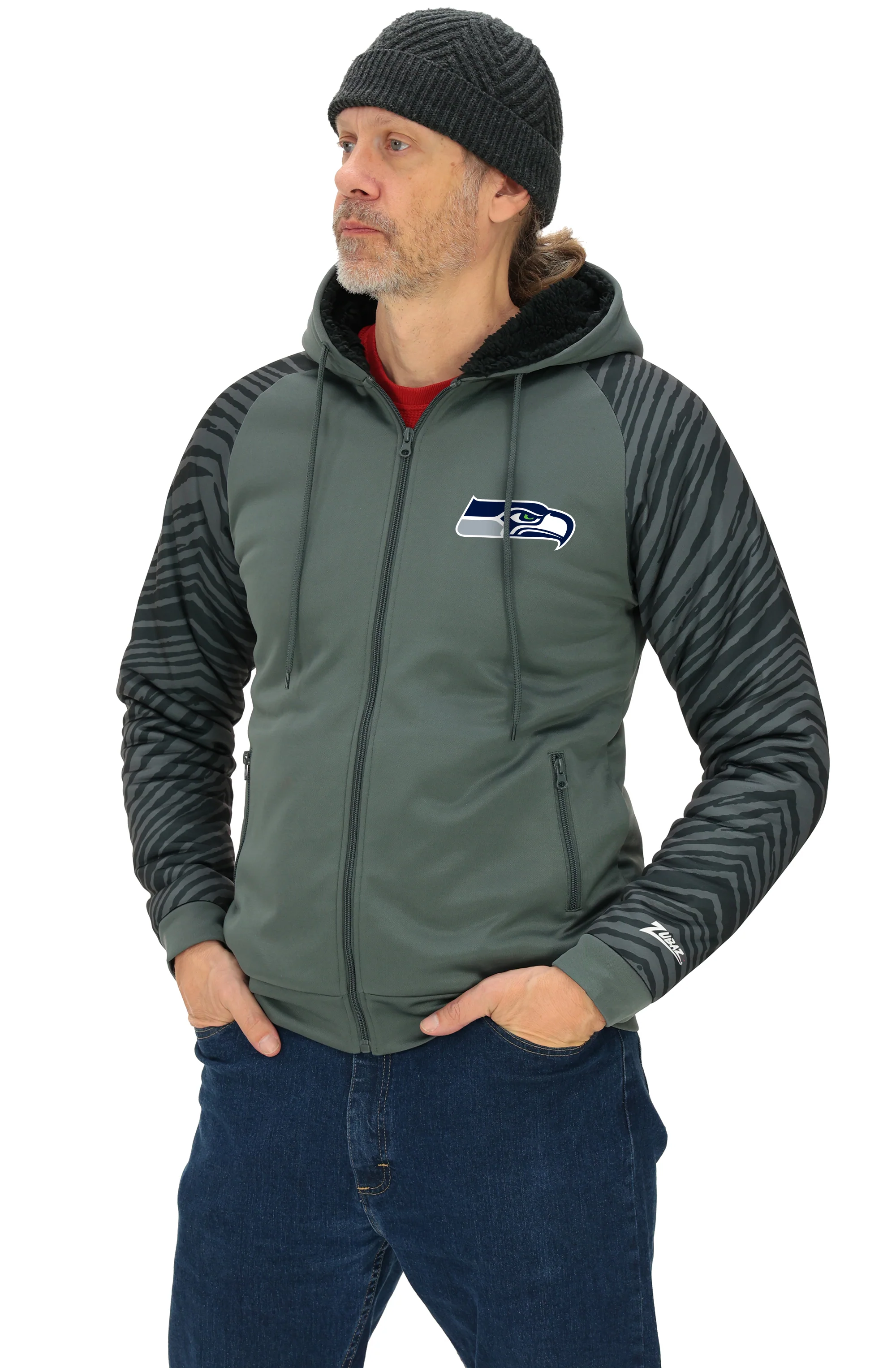 Zubaz NFL Men's Charcoal Tonal Zebra Sherpa Lined Raglan Full Zip Hoodie, SEATTLE SEAHAWKS - Image 2