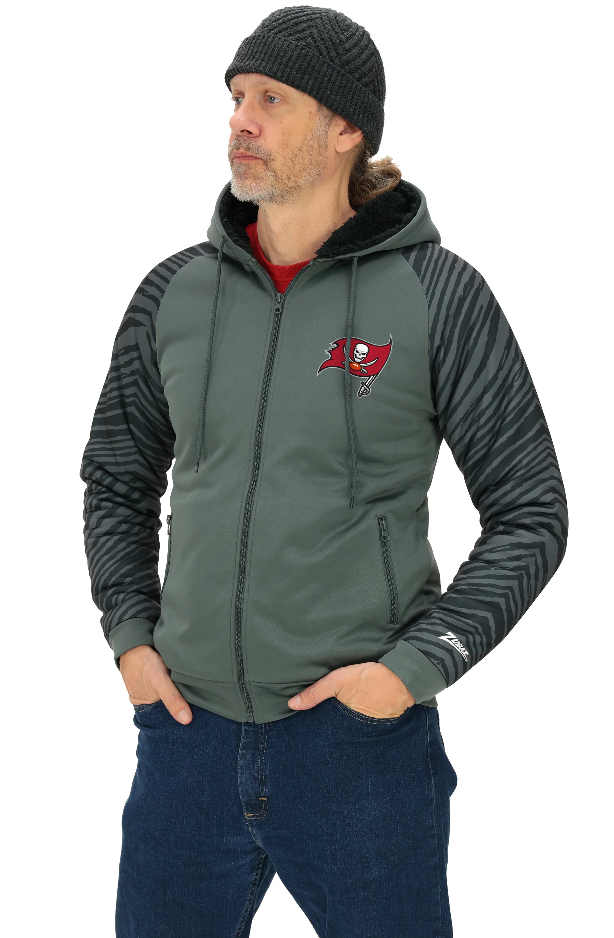Zubaz NFL Men's Charcoal Tonal Zebra Sherpa Lined Raglan Full Zip Hoodie, TAMPA BAY BUCCANEERS - Image 14