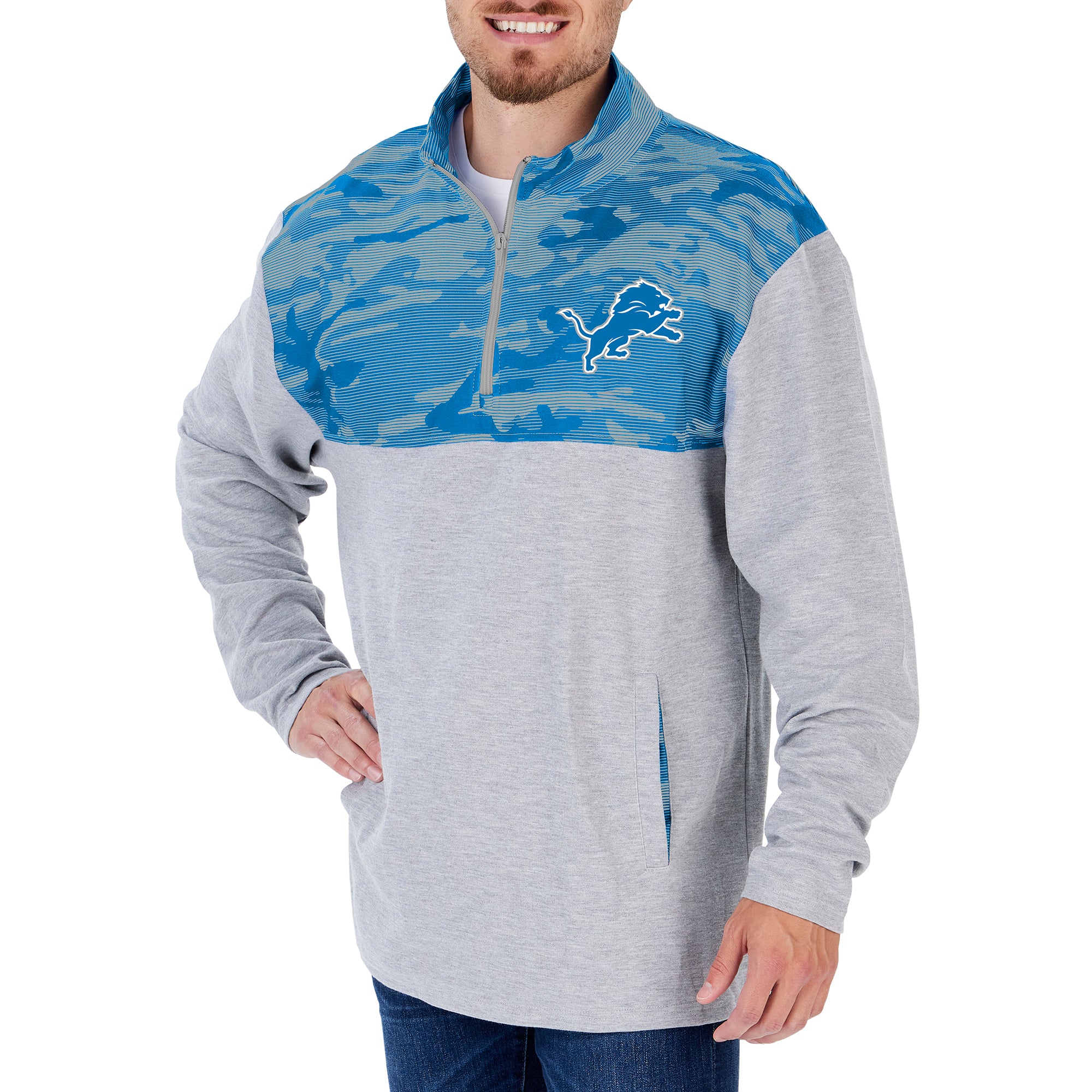 Zubaz NFL Men's Detroit Lions Gray 1/4 Zip Fleece Pullover With Camo Lines - Image 4