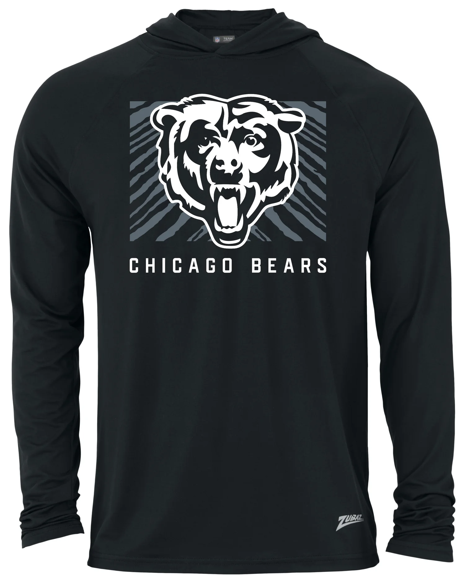Zubaz NFL Men's Light Weight Black Body Hoodie, Gray Zebra Square Logo, Chicago Bears