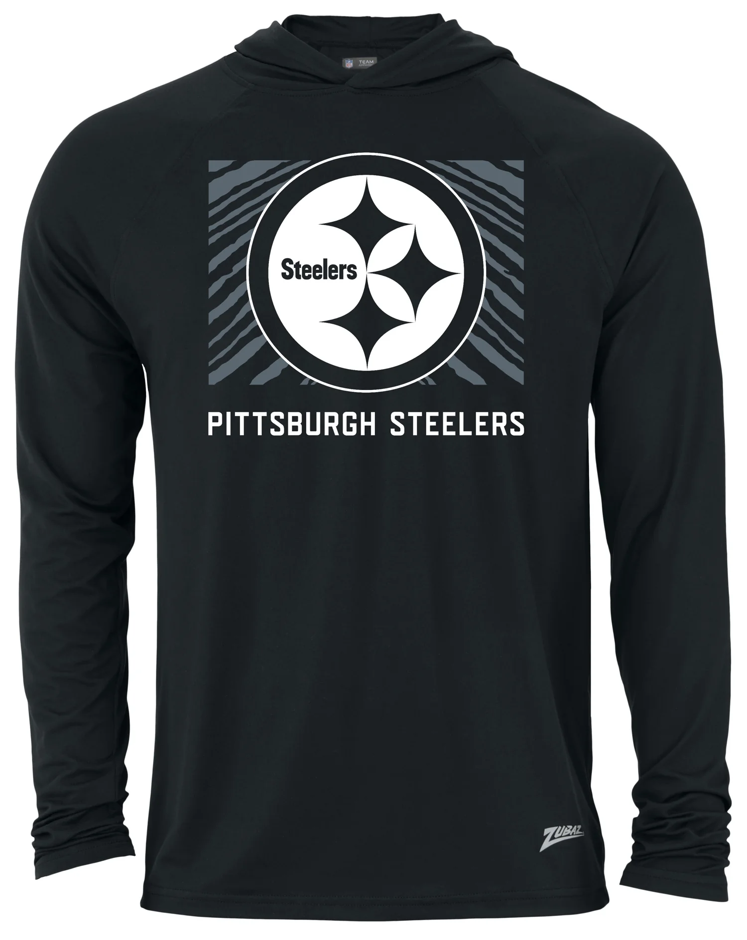 Zubaz NFL Men's Light Weight Black Body Hoodie, Gray Zebra Square Logo, Pittsburgh Steelers