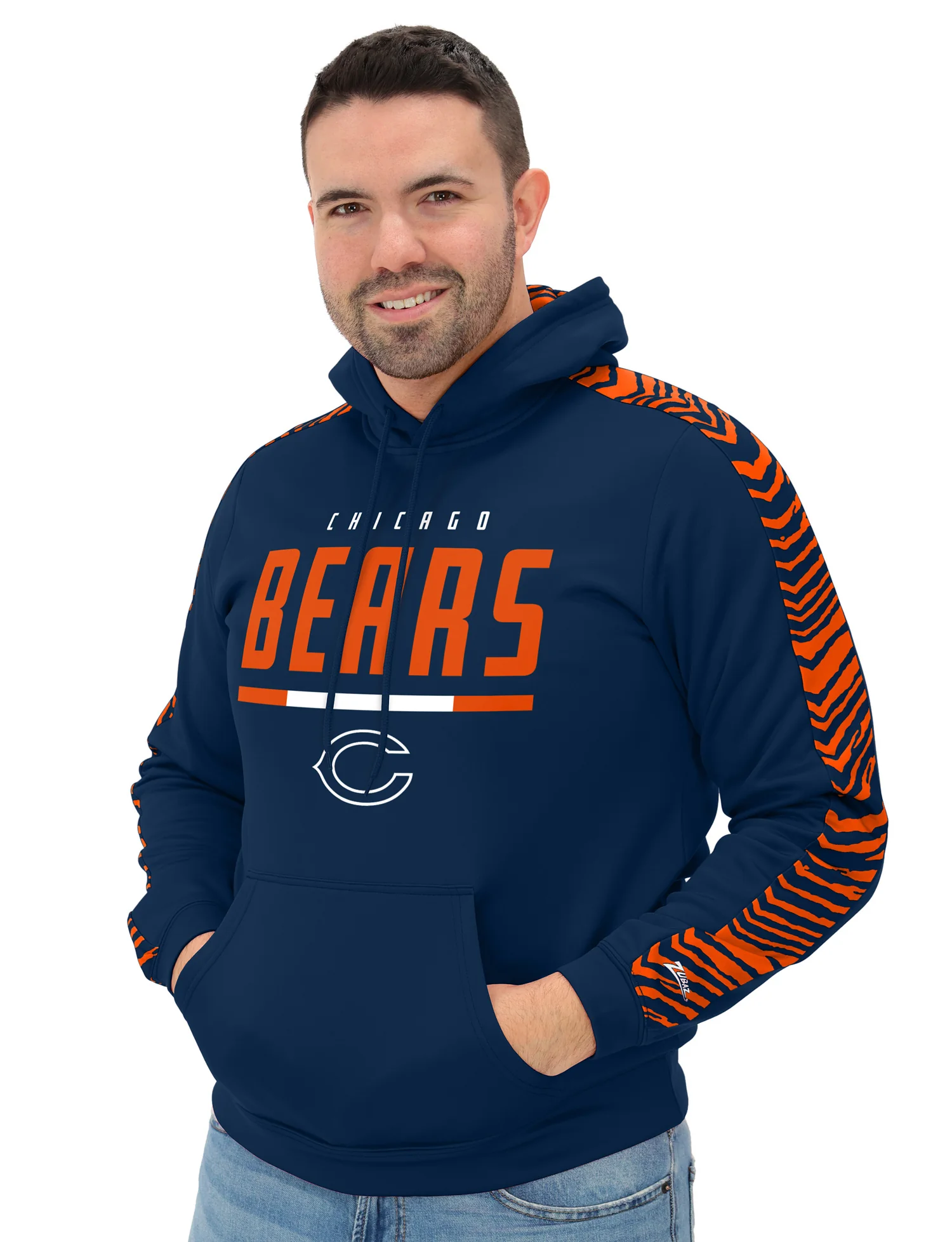 Zubaz NFL Men's Linebacker 2 Color Zebra Sleeve Panel Hoodie, CHICAGO BEARS - Image 2