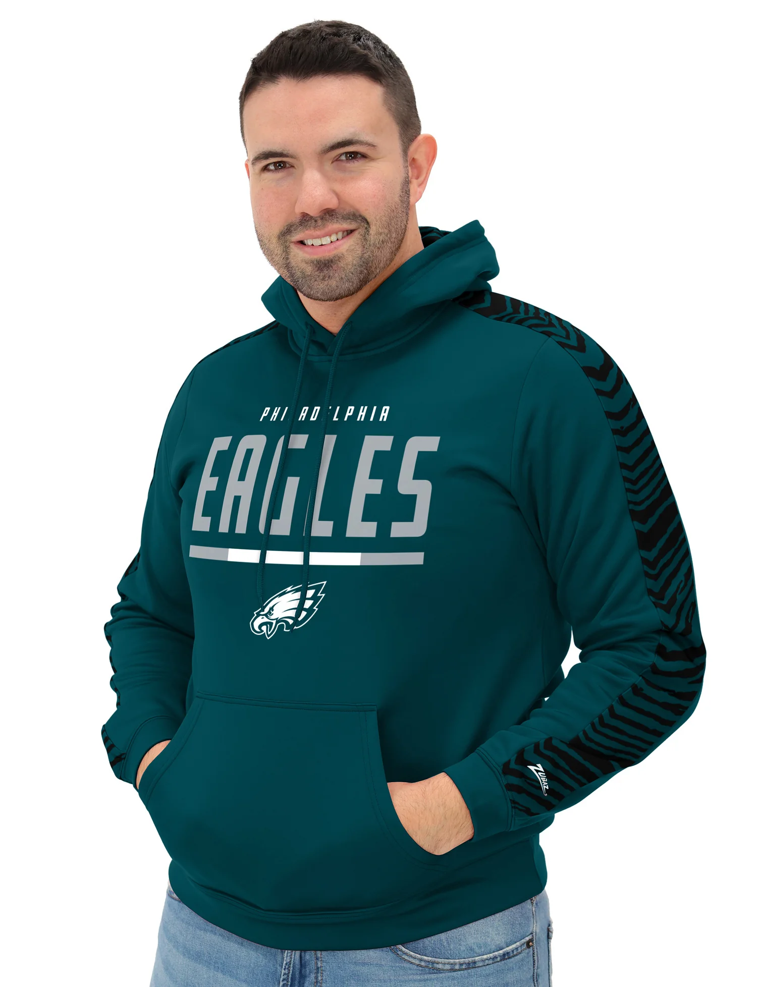 Zubaz NFL Men's Linebacker 2 Color Zebra Sleeve Panel Hoodie, PHILADELPHIA EAGLES - Image 5