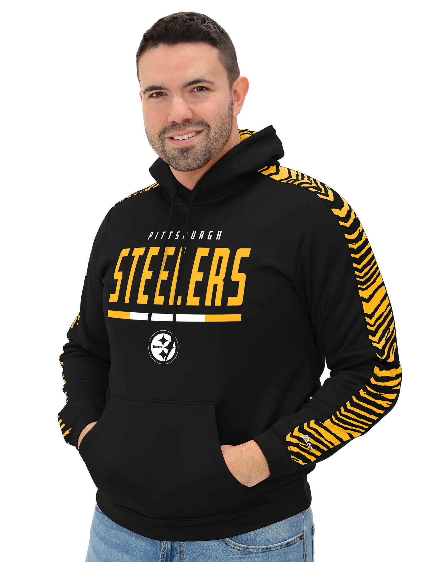 Zubaz NFL Men's Linebacker 2 Color Zebra Sleeve Panel Hoodie, PITTSBURGH STEELERS - Image 9