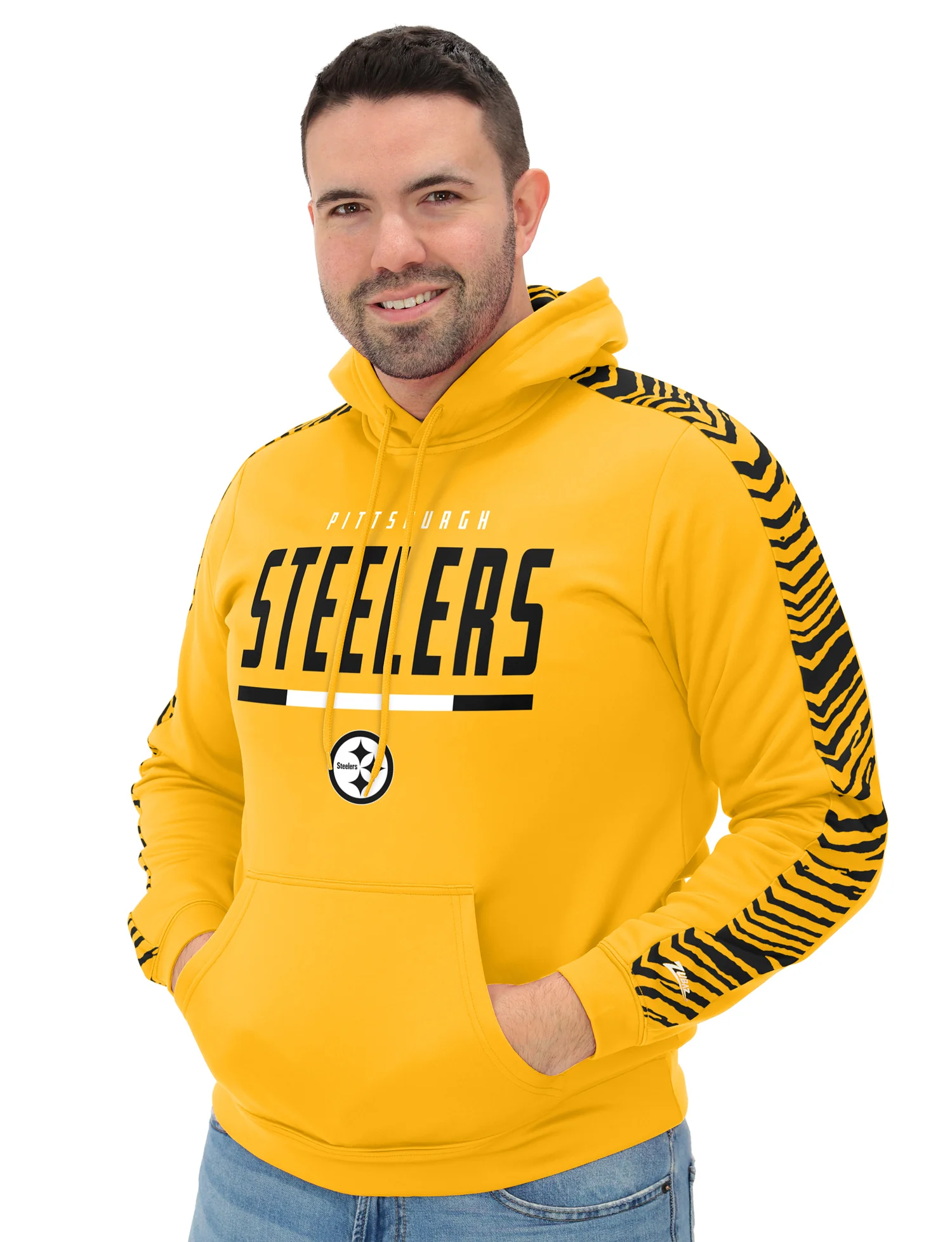 Zubaz NFL   Men's Linebacker Alternate Color 2 Color Zebra Sleeve Panel Hoodie, PITTSBURGH STEELERS - Image 4