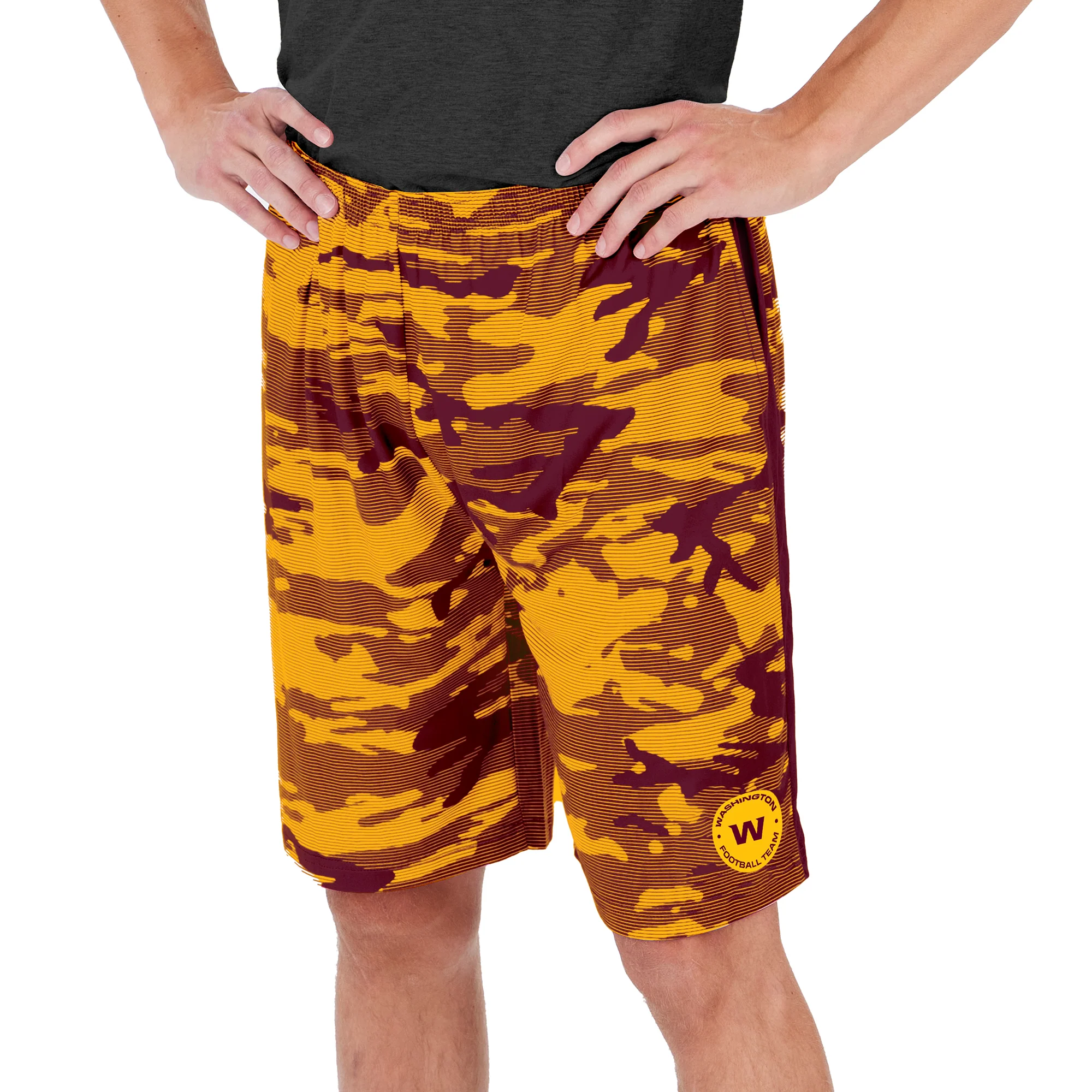 Zubaz NFL Men's WASHINGTON FOOTBALL TEAM BURGUNDY/GOLD CAMO LINES SHORT W/ SIDE STRIPE Large - Image 7