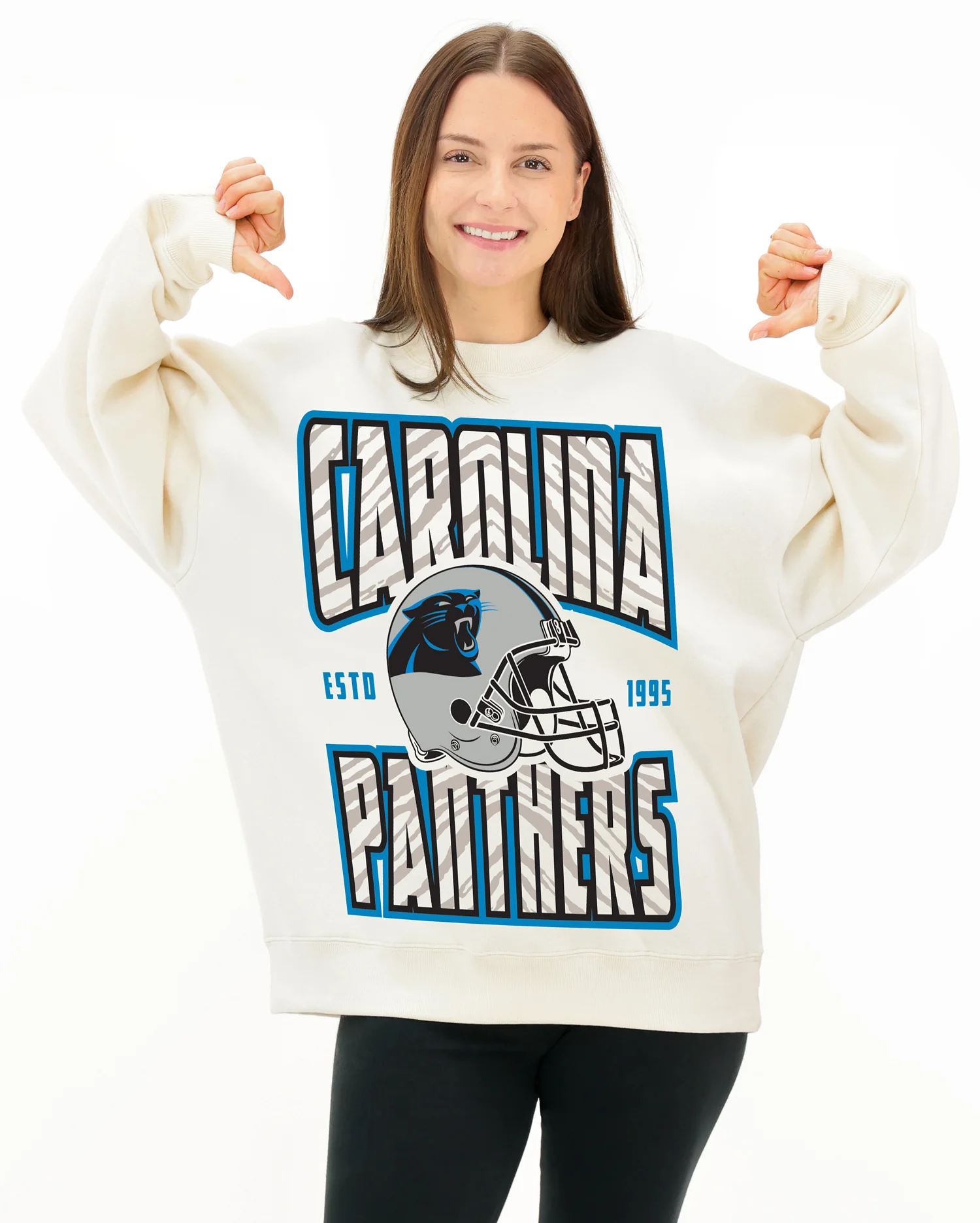 Zubaz NFL  UNISEX 90s Helmet Drop Shoulder Crewneck -Off White, CAROLINA PANTHERS - Image 3