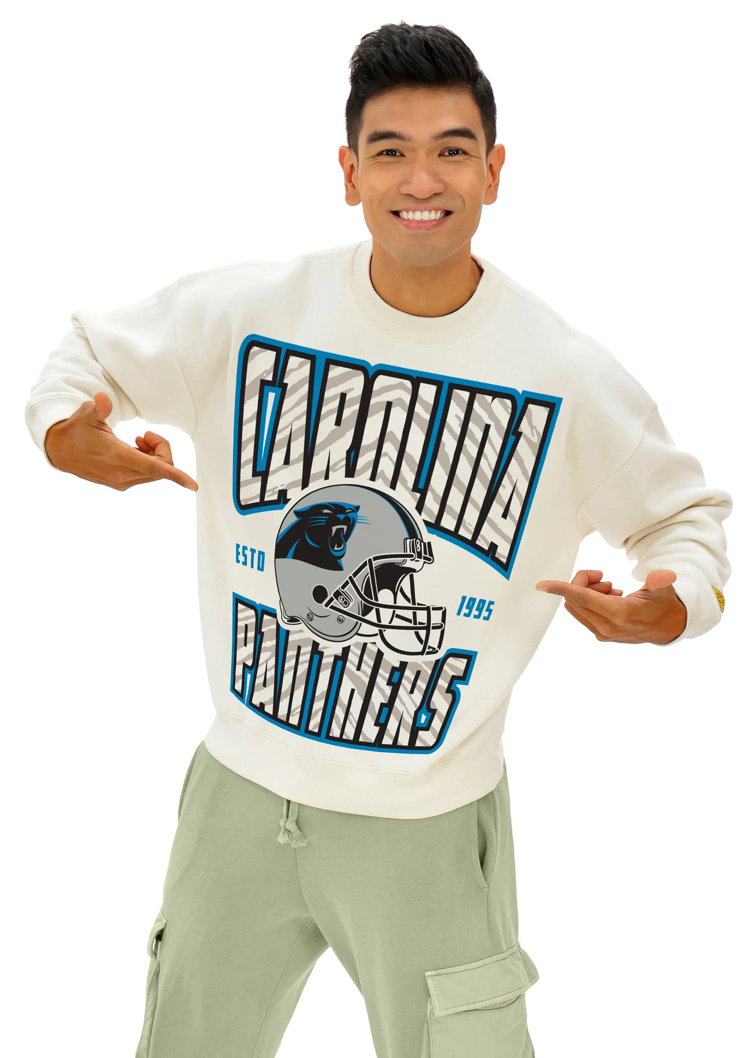 Zubaz NFL  UNISEX 90s Helmet Drop Shoulder Crewneck -Off White, CAROLINA PANTHERS - Image 7