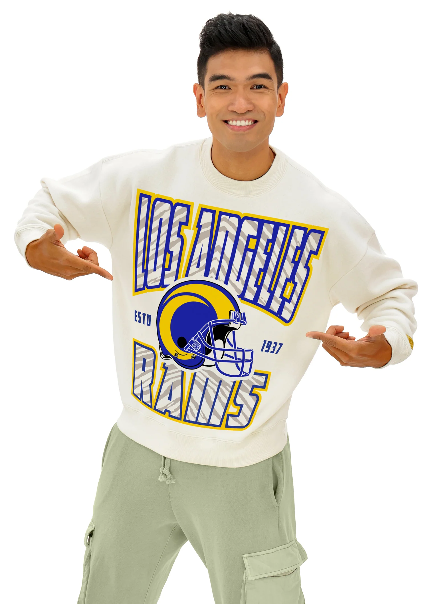 Zubaz NFL UNISEX 90s Helmet Drop Shoulder Crewneck -Off White, LOS ANGELES RAMS - Image 7