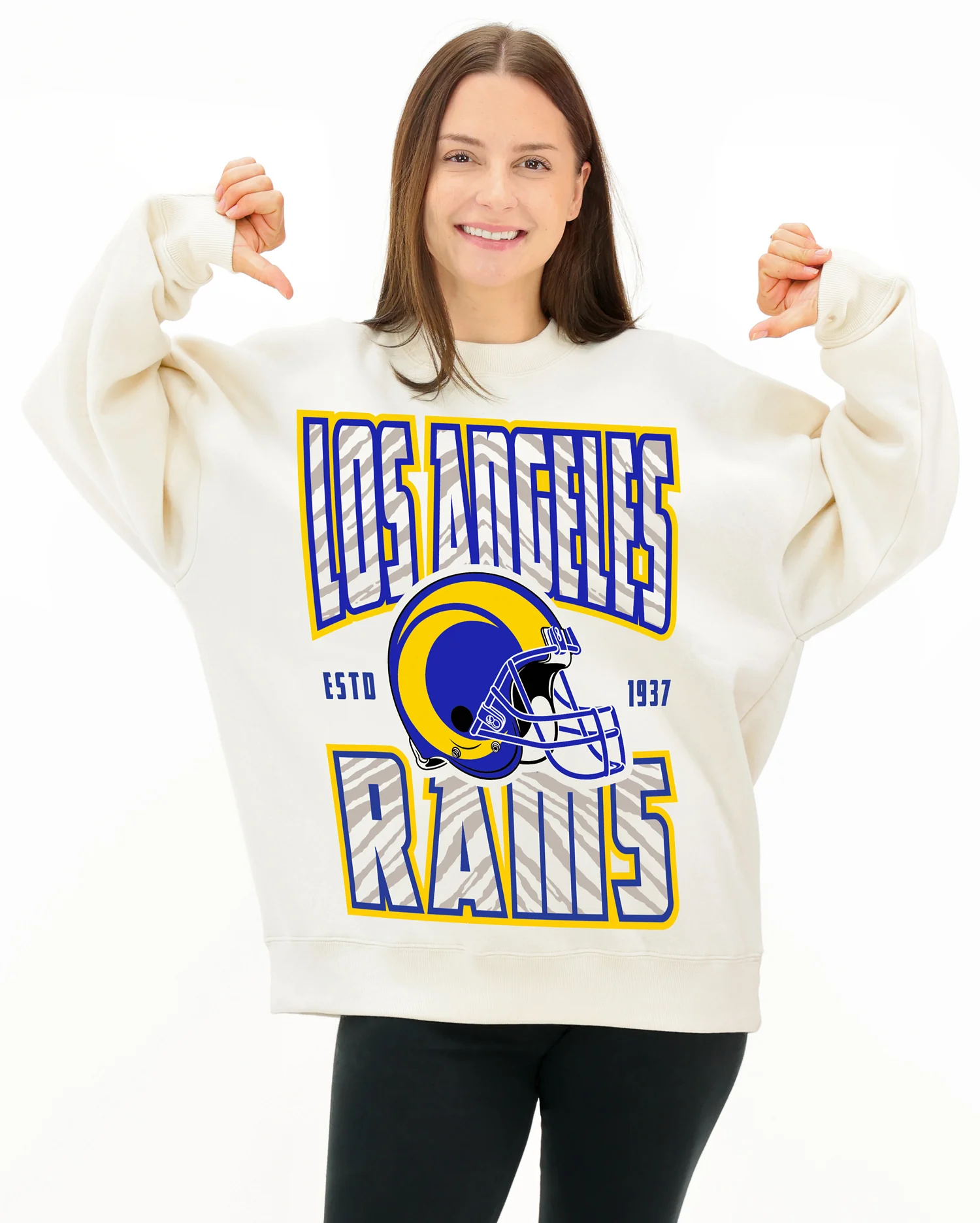 Zubaz NFL UNISEX 90s Helmet Drop Shoulder Crewneck -Off White, LOS ANGELES RAMS - Image 8