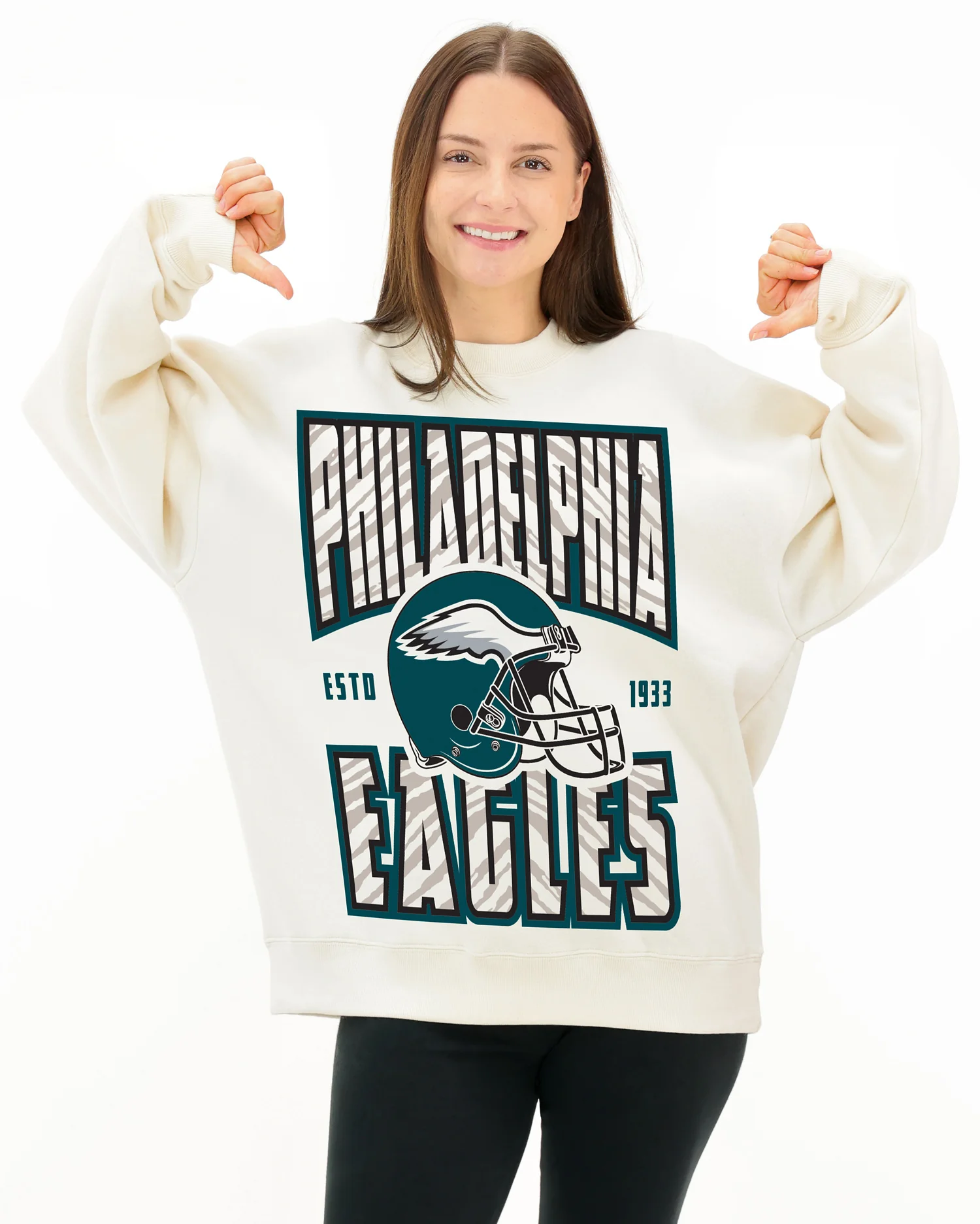 Zubaz NFL  UNISEX 90s Helmet Drop Shoulder Crewneck -Off White, PHILADELPHIA EAGLES - Image 2