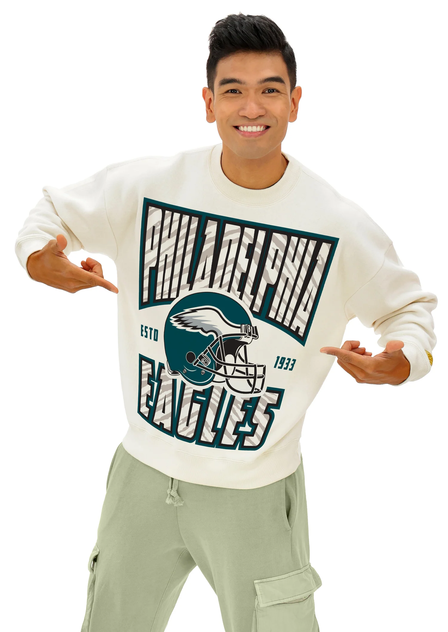 Zubaz NFL  UNISEX 90s Helmet Drop Shoulder Crewneck -Off White, PHILADELPHIA EAGLES - Image 3