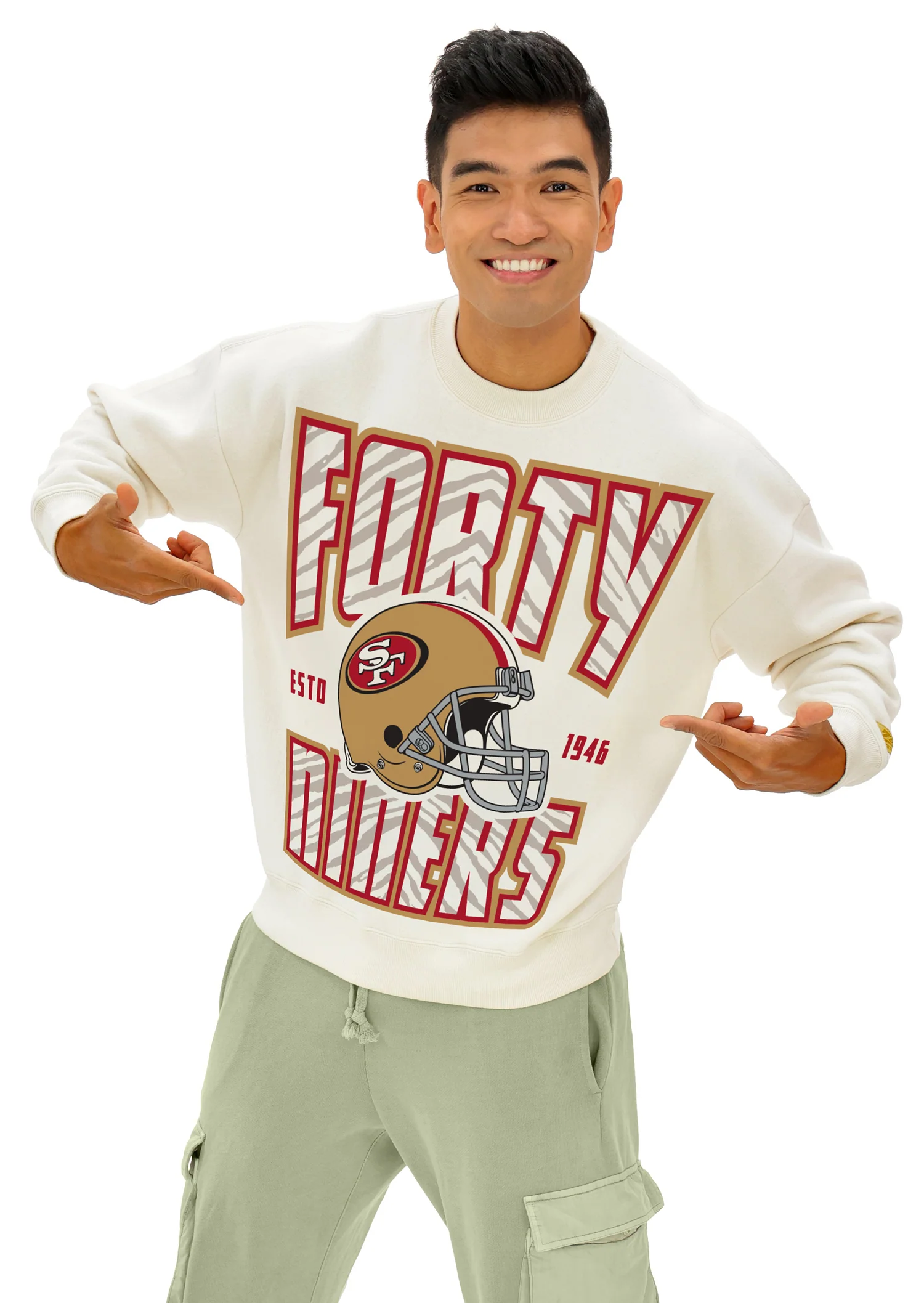 Zubaz NFL  UNISEX 90s Helmet Drop Shoulder Crewneck -Off White, SAN FRANCISCO 49ERS - Image 3