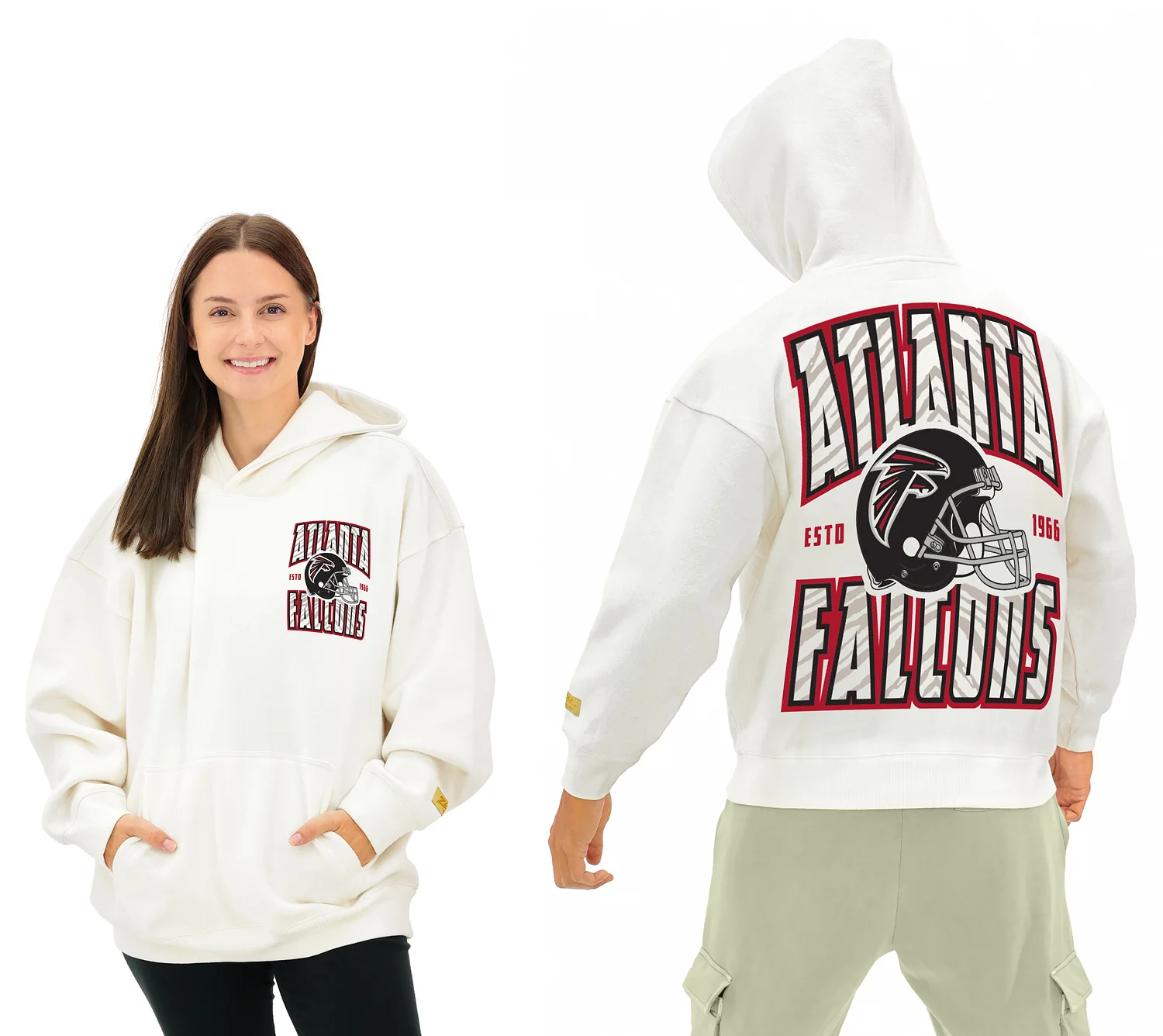Zubaz NFL UNISEX 90s Helmet Drop Shoulder Hoodies-Off White, ATLANTA FALCONS
