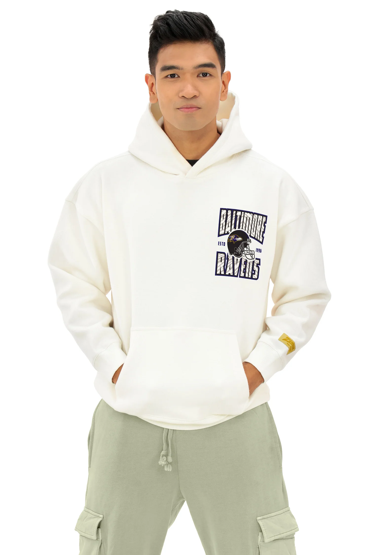 Zubaz NFL UNISEX 90s Helmet Drop Shoulder Hoodies-Off White, BALTIMORE RAVENS - Image 10