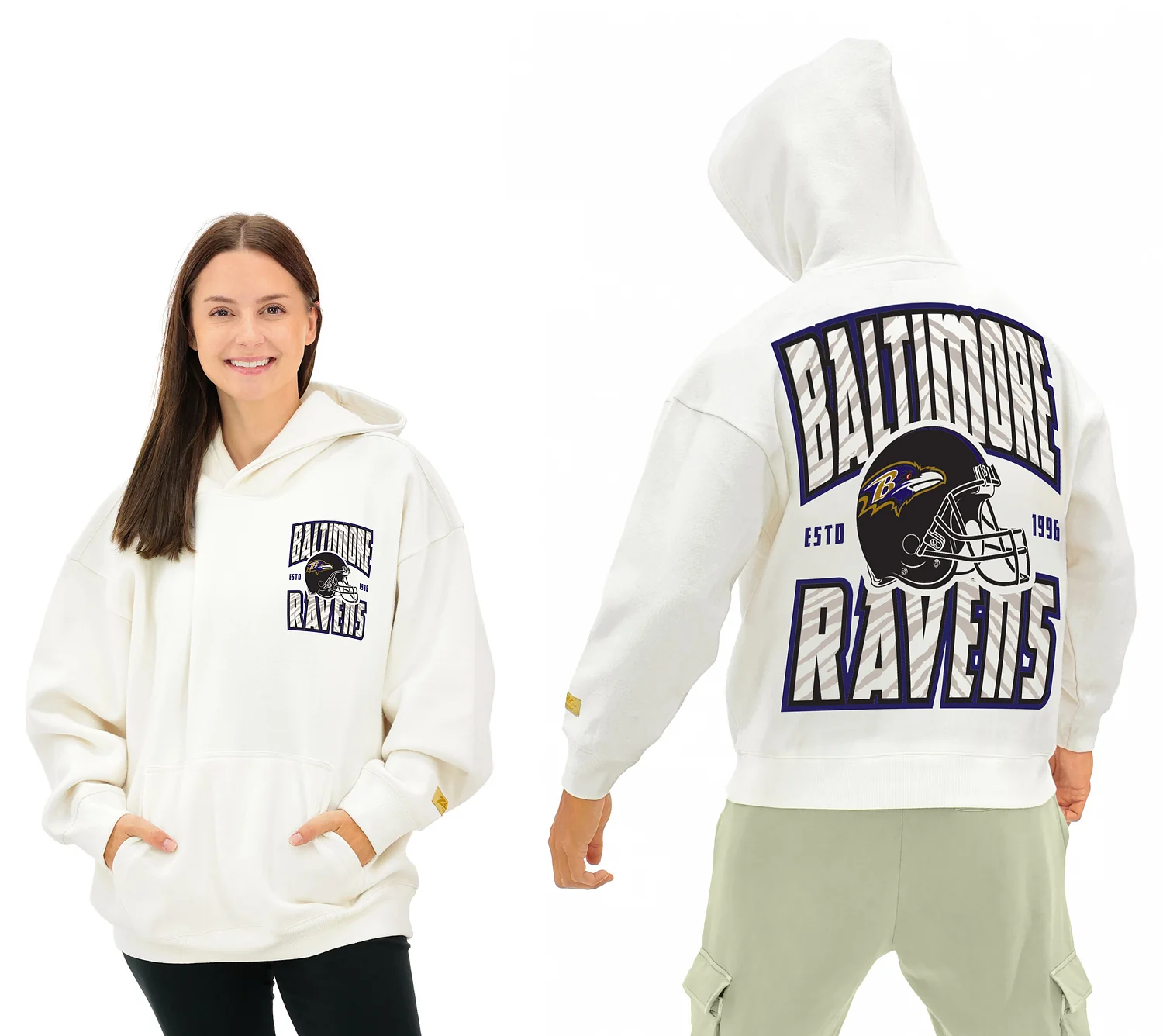 Zubaz NFL UNISEX 90s Helmet Drop Shoulder Hoodies-Off White, BALTIMORE RAVENS - Image 14