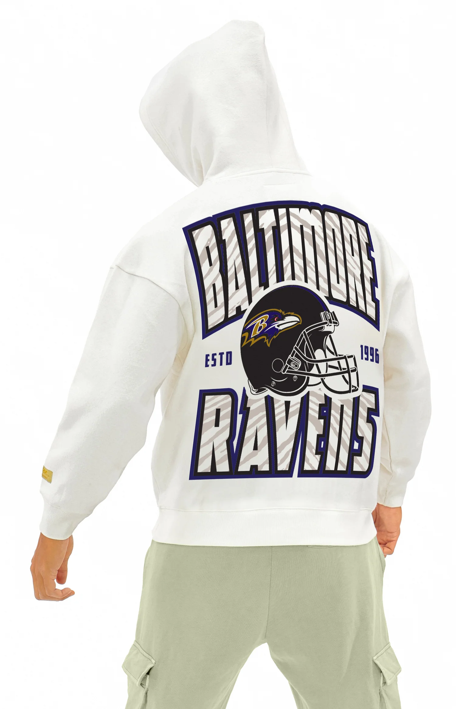 Zubaz NFL UNISEX 90s Helmet Drop Shoulder Hoodies-Off White, BALTIMORE RAVENS - Image 5