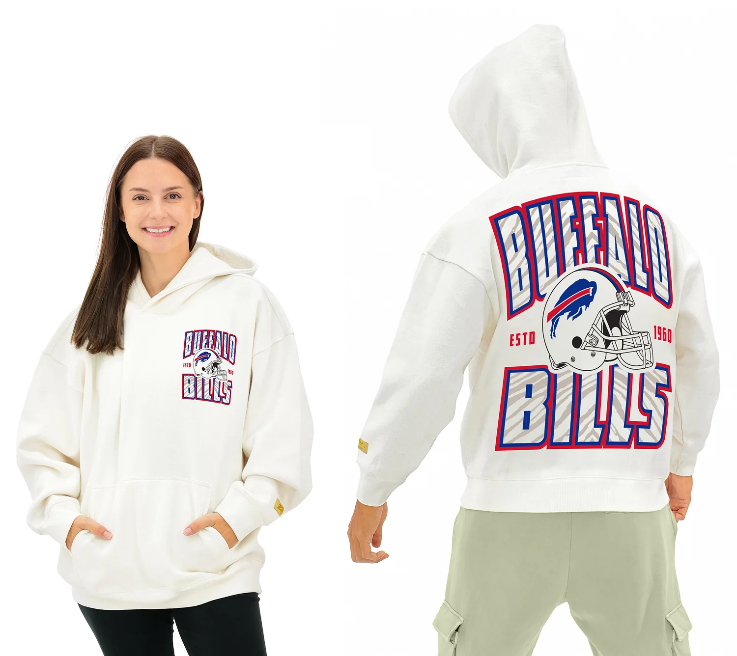 Zubaz NFL  UNISEX 90s Helmet Drop Shoulder Hoodies-Off White, BUFFALO BILLS - Image 14