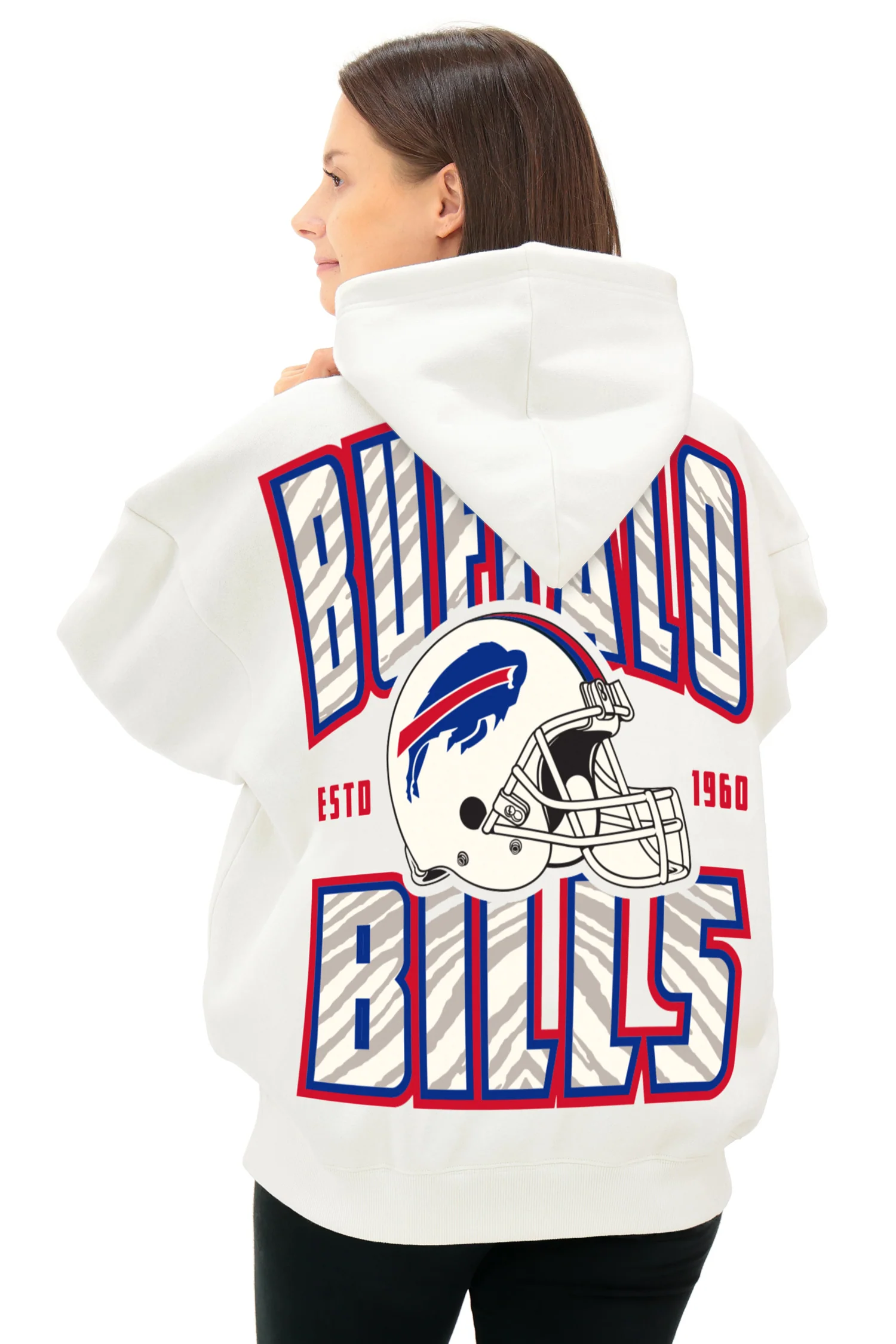 Zubaz NFL  UNISEX 90s Helmet Drop Shoulder Hoodies-Off White, BUFFALO BILLS - Image 3