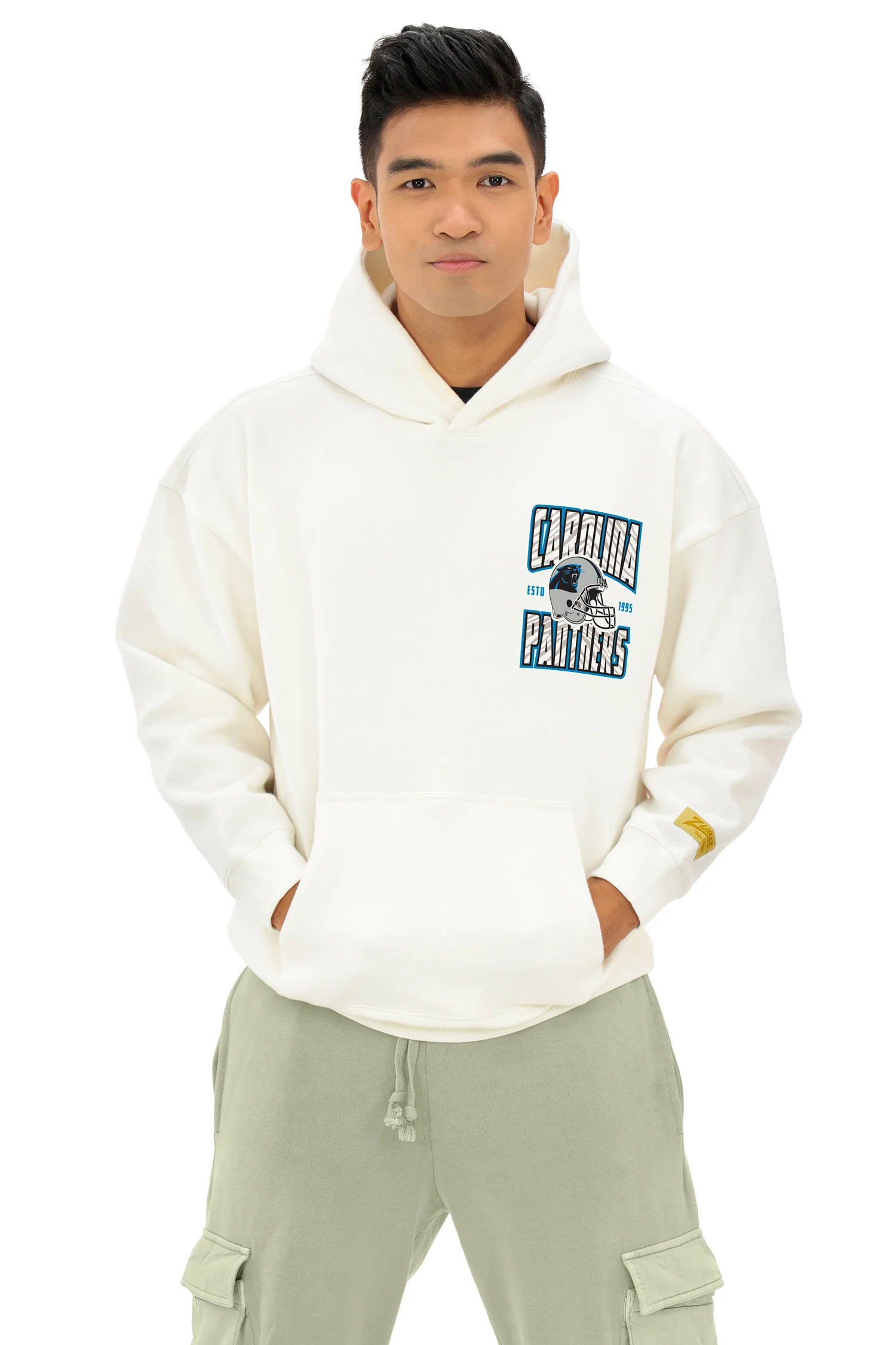 Zubaz NFL UNISEX 90s Helmet Drop Shoulder Hoodies-Off White, CAROLINA PANTHERS - Image 4