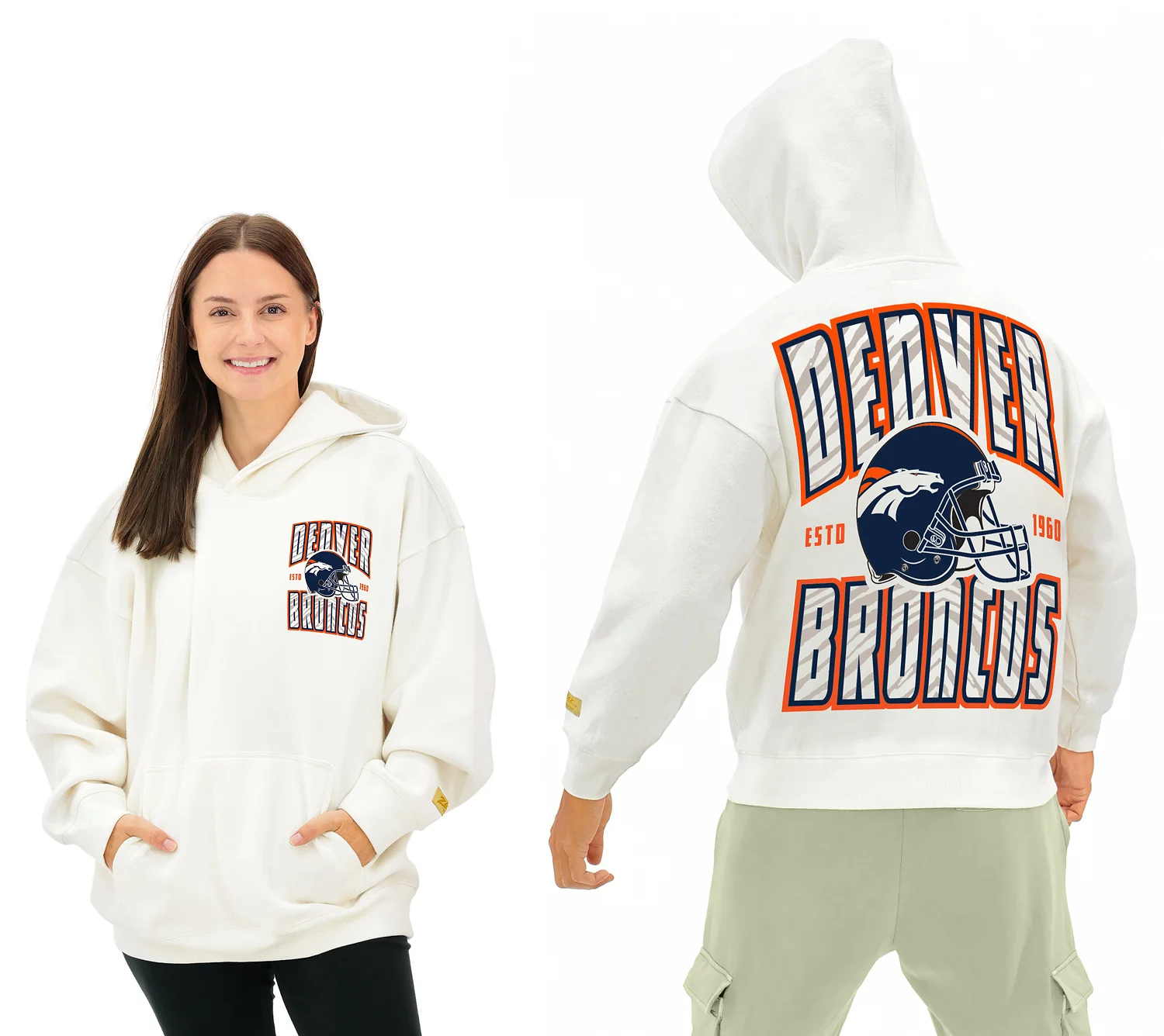 Zubaz NFL UNISEX 90s Helmet Drop Shoulder Hoodies-Off White, DENVER BRONCOS - Image 13