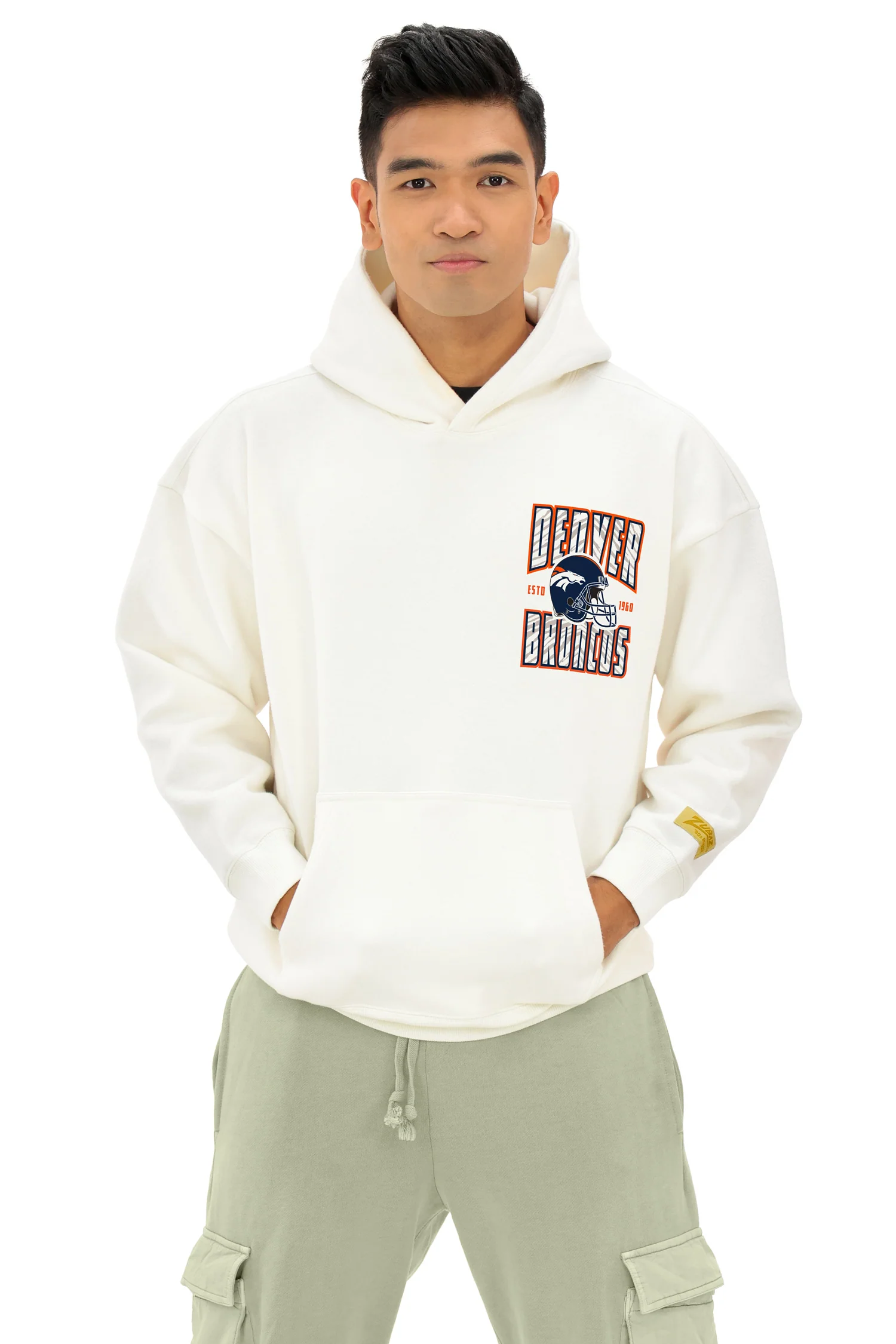 Zubaz NFL UNISEX 90s Helmet Drop Shoulder Hoodies-Off White, DENVER BRONCOS - Image 4