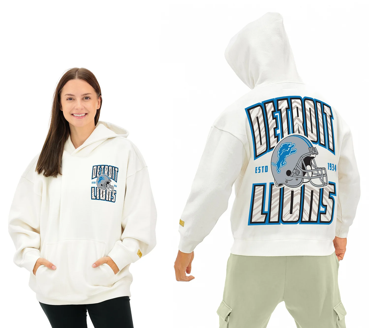 Zubaz NFL UNISEX 90s Helmet Drop Shoulder Hoodies-Off White, DETROIT LIONS - Image 14