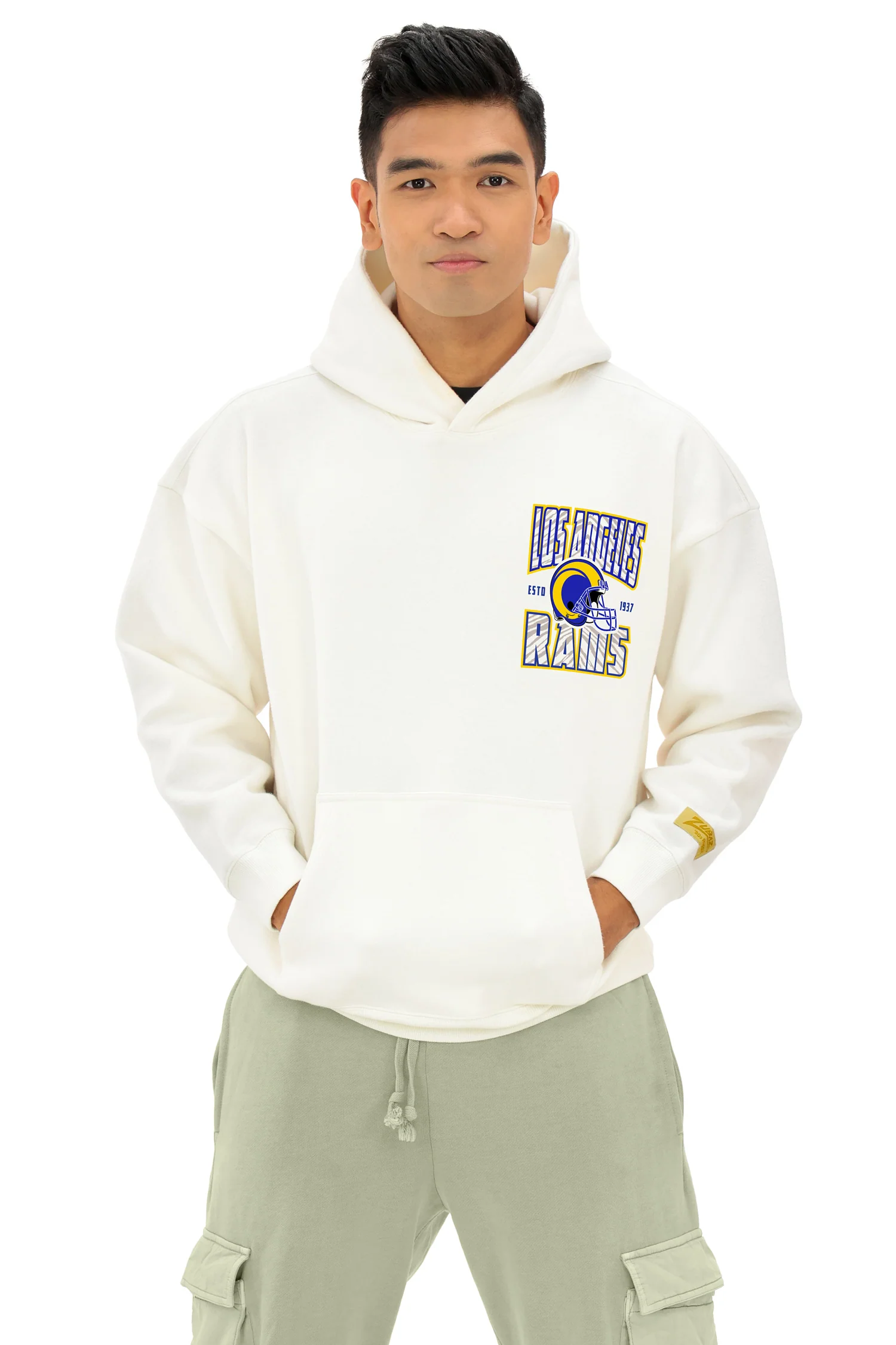 Zubaz NFL  UNISEX 90s Helmet Drop Shoulder Hoodies-Off White, LOS ANGELES RAMS - Image 10